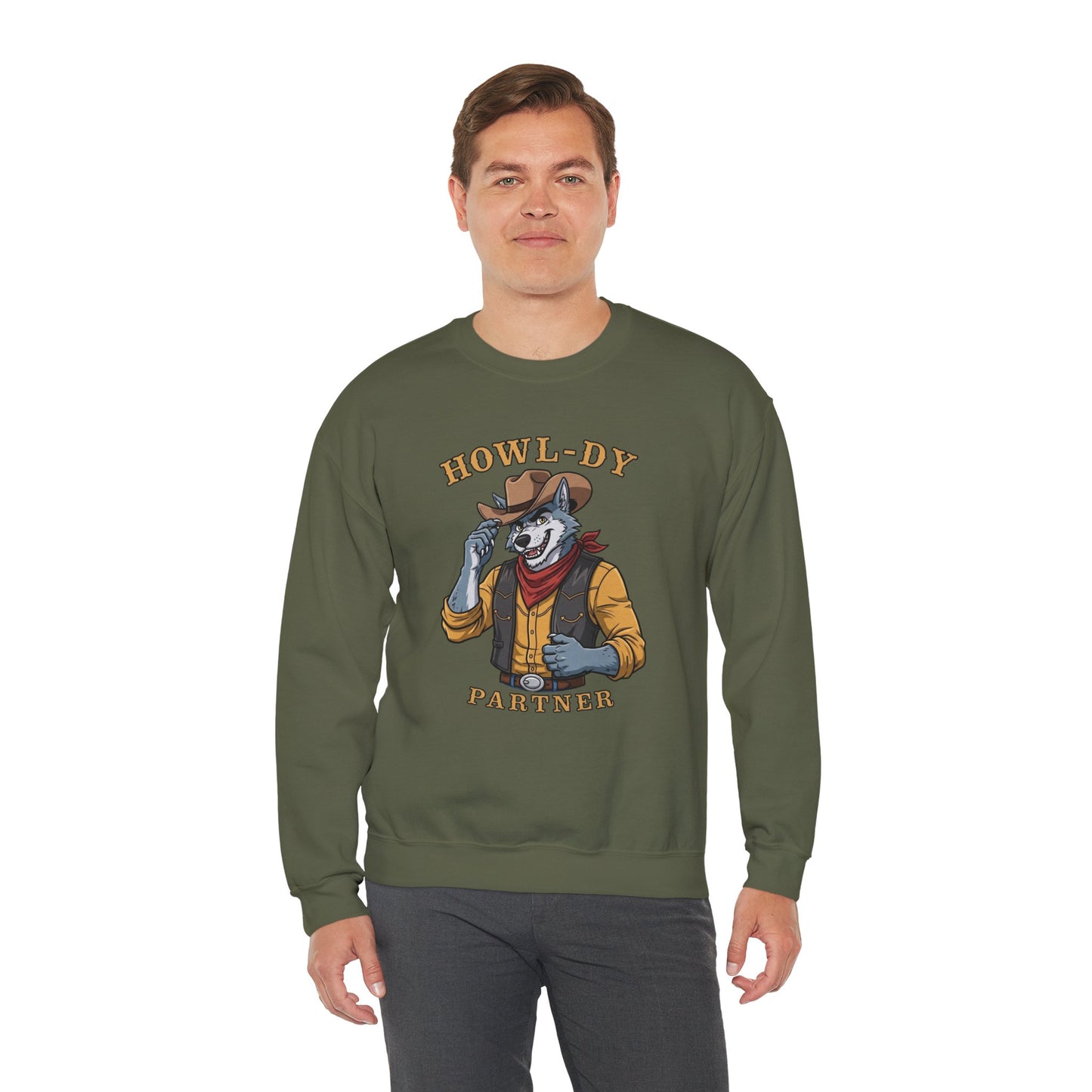 Howl-dy Partner Wolf Sweatshirt, Cowboy Werewolf Halloween Crewneck, Western Spooky Graphic Pullover for Animal Lover Gift Sweatshirt