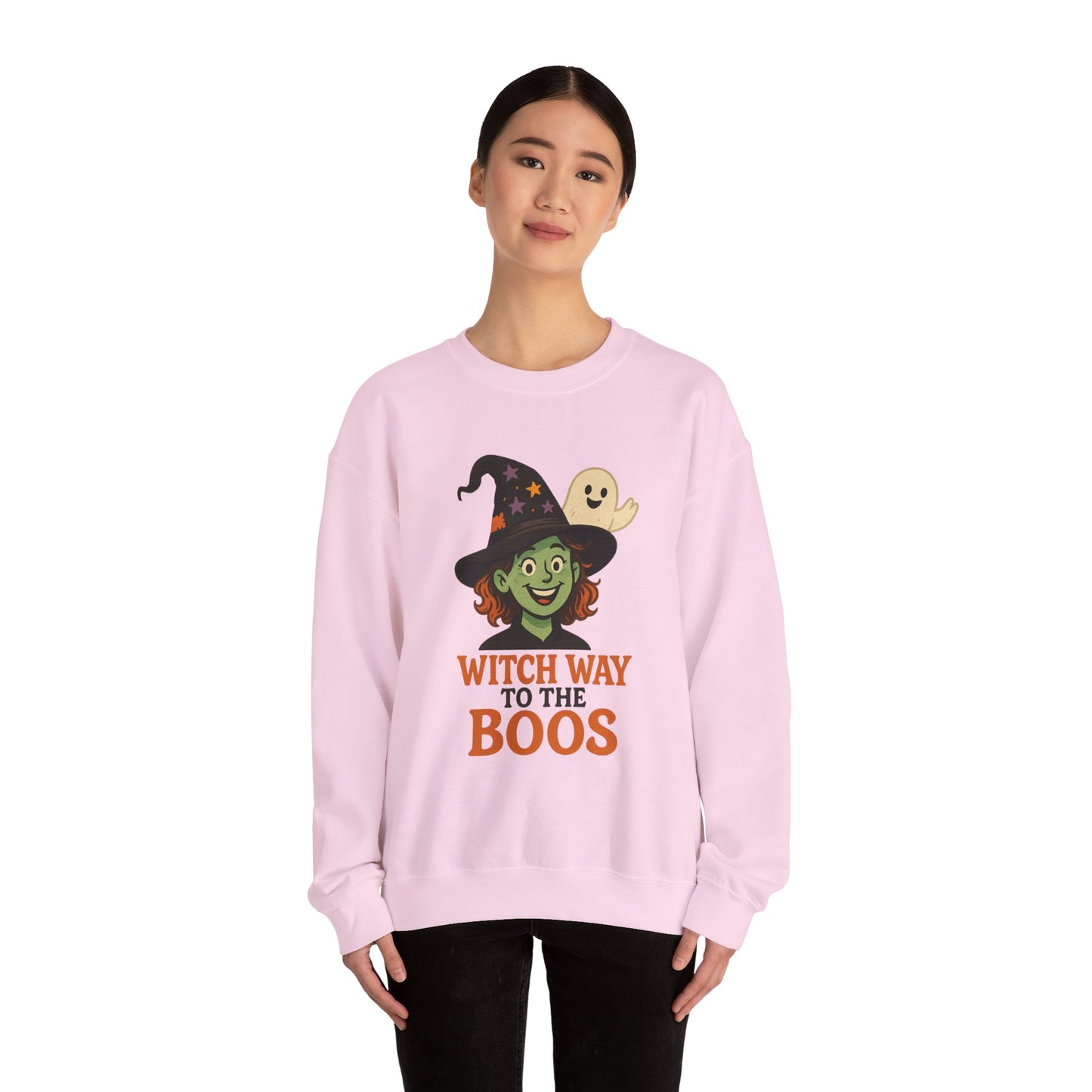 Witch Way To The Boos Sweatshirt, Funny Witch Halloween Crewneck, Witchy Ghost Sweatshirt, Spooky Season Graphic Pullover, Lighthearted Halloween Wear