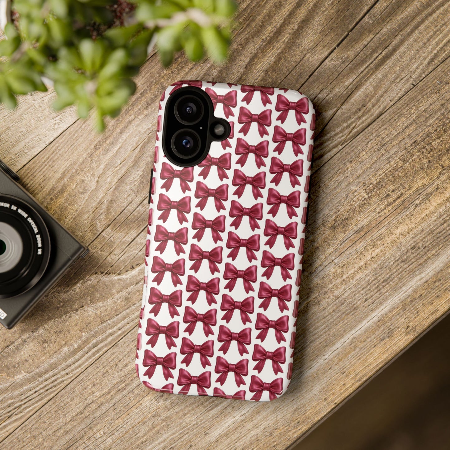 Coquette Bow iPhone Case - Burgundy Ribbon Pattern Phone Cover, Girly Aesthetic Accessory, Cute Gift for Her