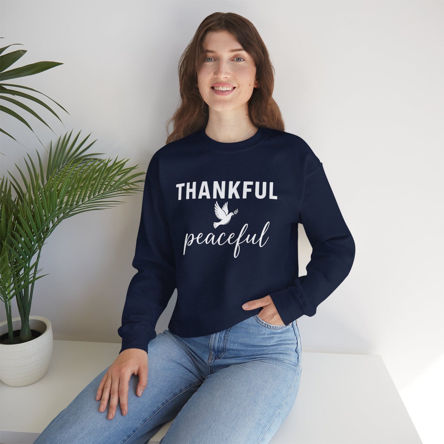 Thankful Peaceful Sweatshirt, Inspirational Quote Crewneck, Positive Message Sweater, Gratitude Gift, Cozy Faith Based Pullover