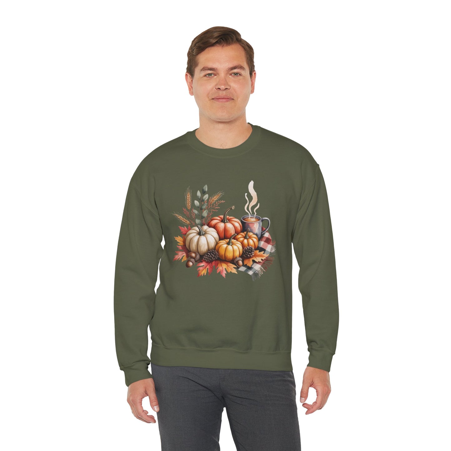 Fall Pumpkin Sweatshirt, Cozy Autumn Crewneck, Thanksgiving Sweater With Pumpkins And Coffee, Fall Leaves Pullover, Seasonal Gift