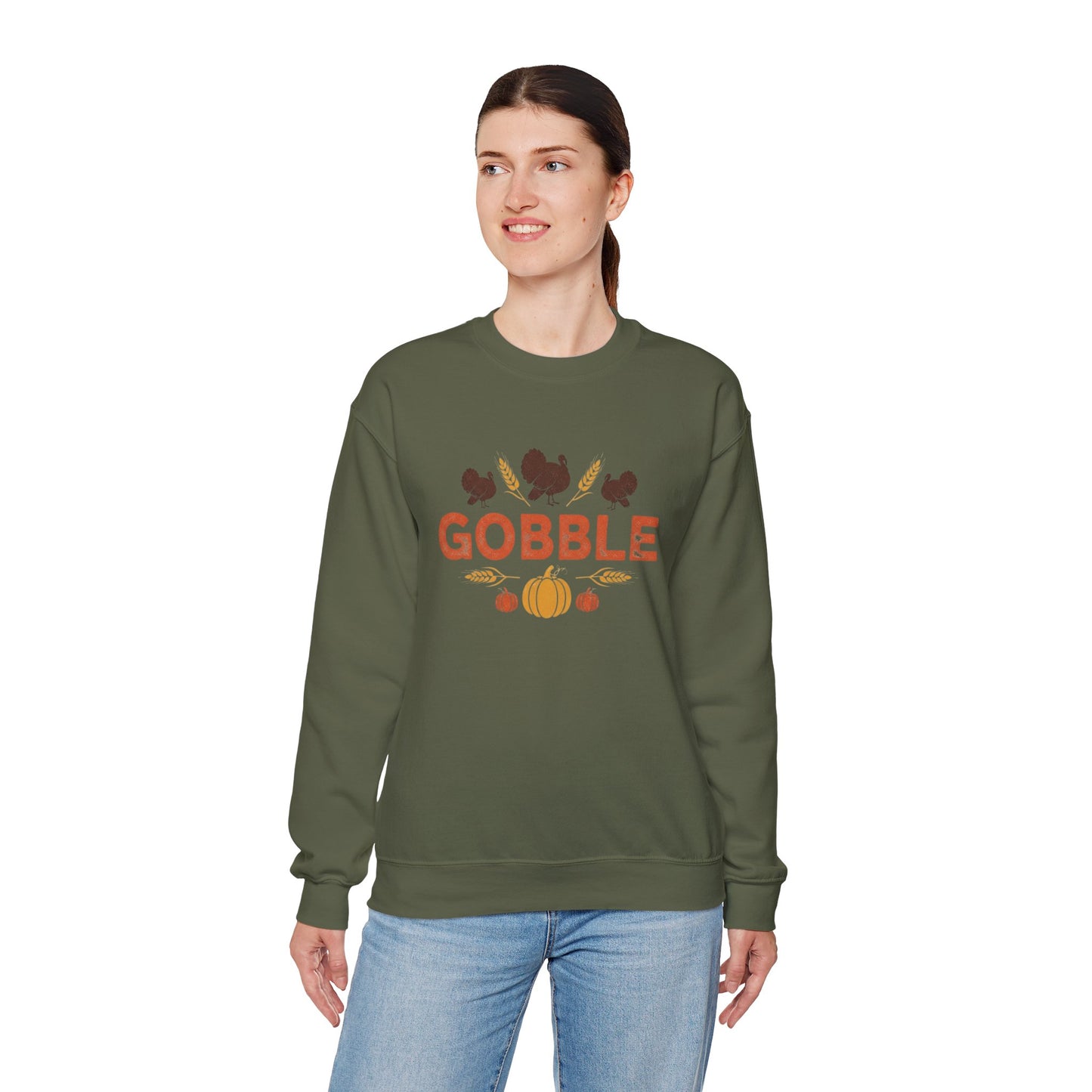Gobble Turkey Sweatshirt, Thanksgiving Pumpkin Crewneck, Autumn Wheat & Turkey Graphic Pullover, Cozy Fall Family Turkey Day Shirt