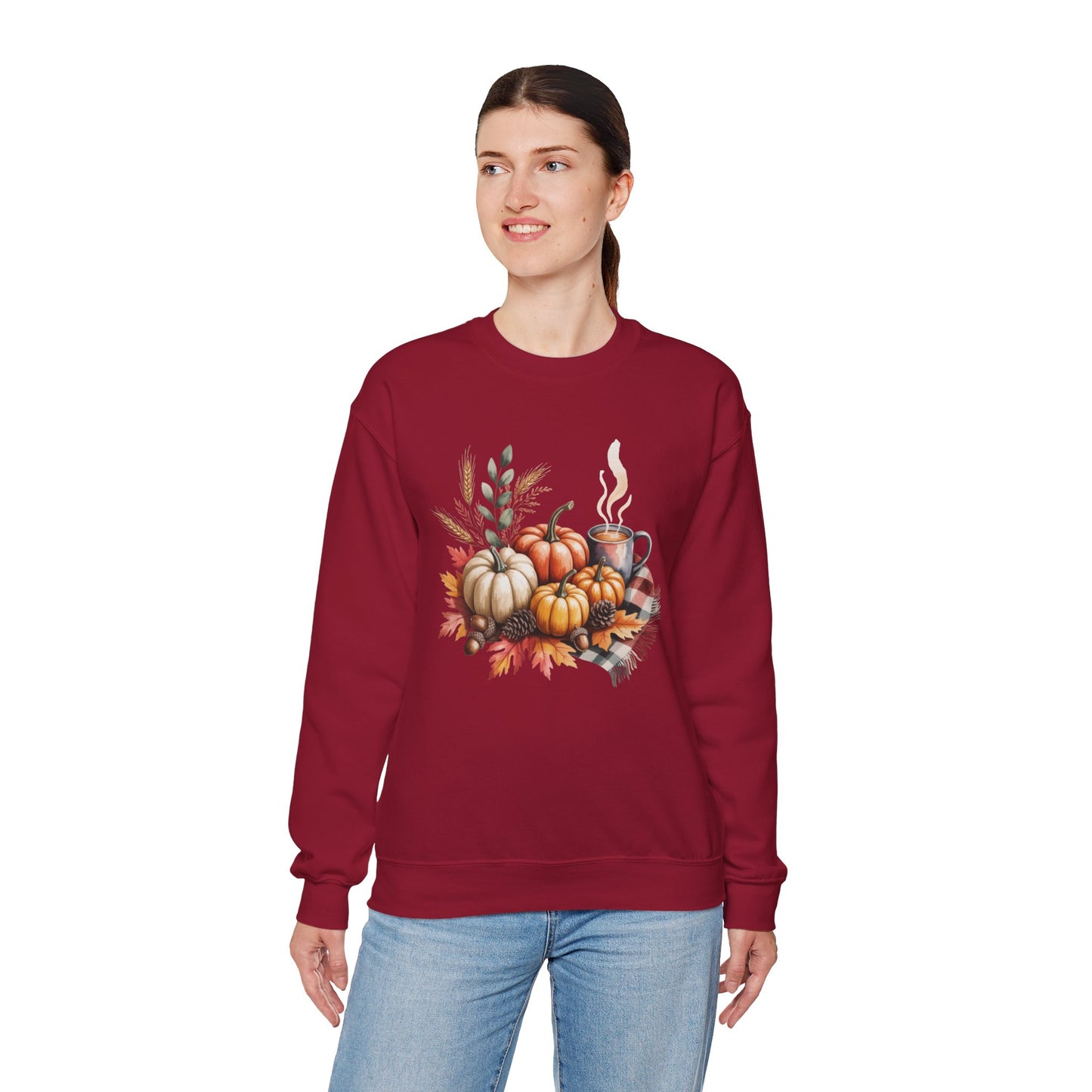 Fall Pumpkin Sweatshirt, Cozy Autumn Crewneck, Thanksgiving Sweater With Pumpkins And Coffee, Fall Leaves Pullover, Seasonal Gift