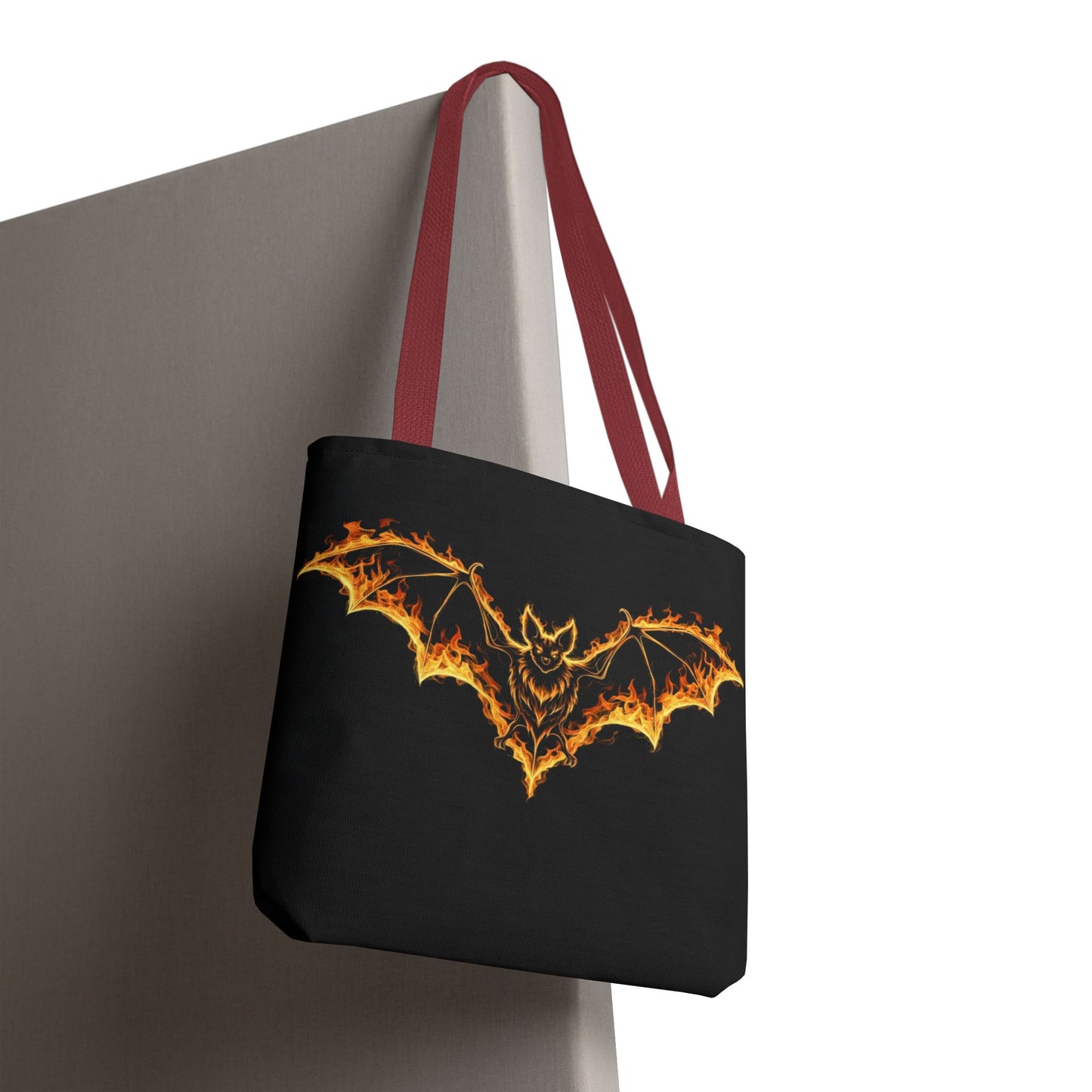 Flaming Bat Tote Bag, Gothic Halloween Canvas Tote, Fiery Wing Bat Design Tote, Spooky Season Accessory, Gothic Gift Tote