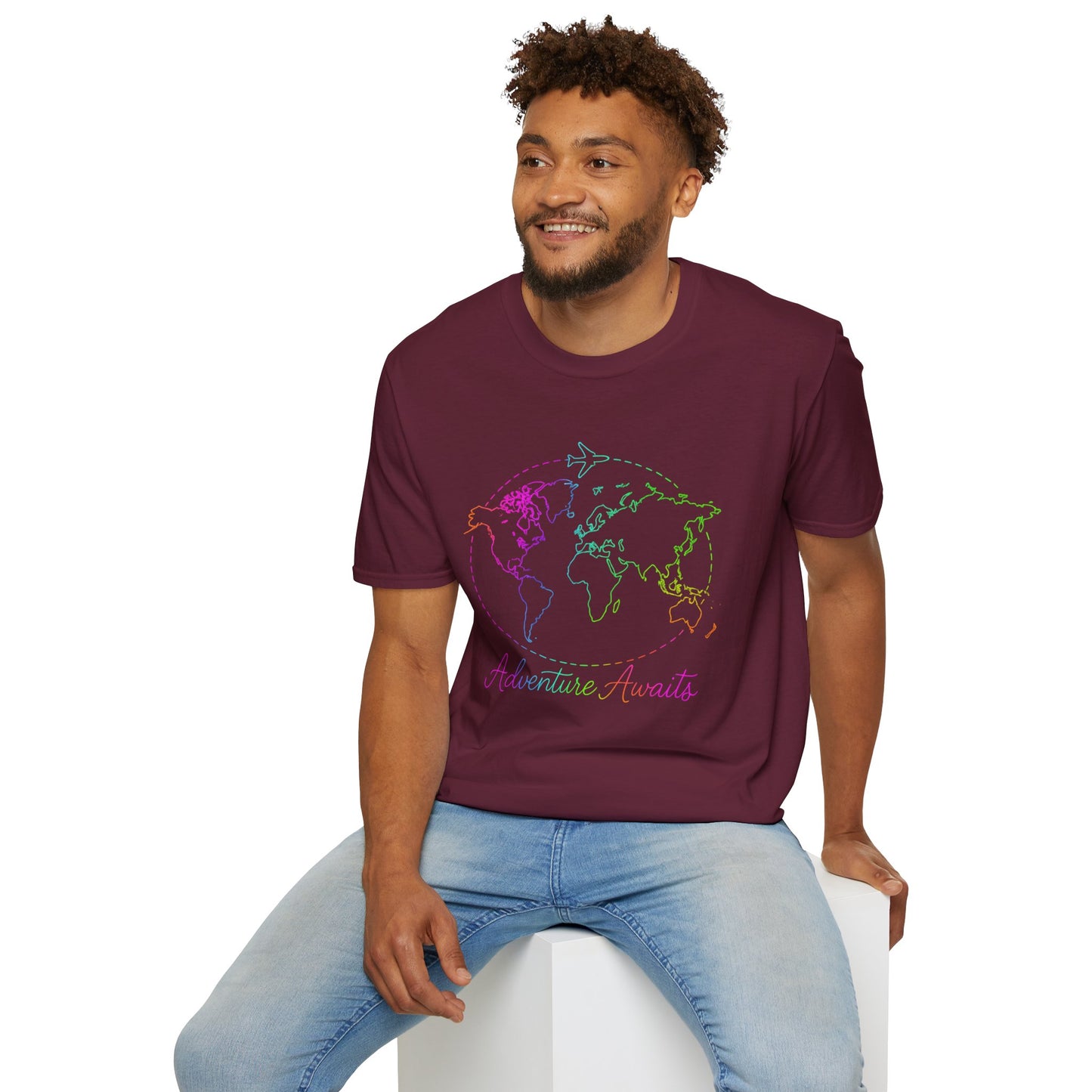 Adventure Awaits Neon Y2K Shirt - Retro Travel Tee, Rainbow Globe Graphic, Aesthetic Vacation Top, Y2K Gift for Travelers