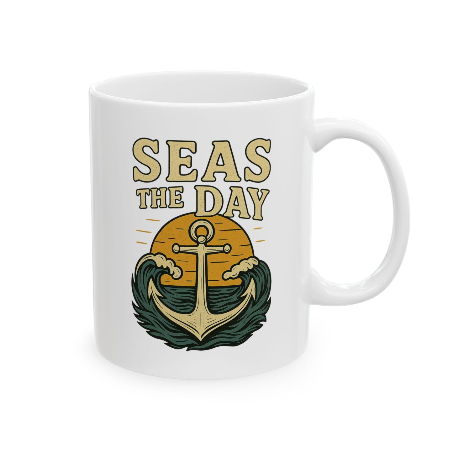 Seas the Day Coffee Mug – Nautical Anchor Ocean Sunset Cup, Funny Motivational Gift for Coffee Lovers, Sailors & Beach Vibes