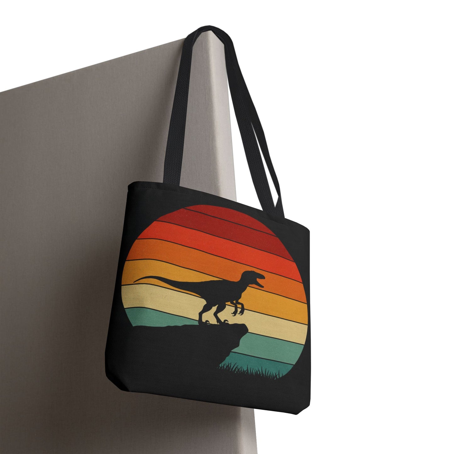 Retro Dino Sunset Tote Bag - Eco Canvas Dinosaur Beach Bag | Sustainable and Stylish Camping, Dino Lover Gift, Reusable Market Tote