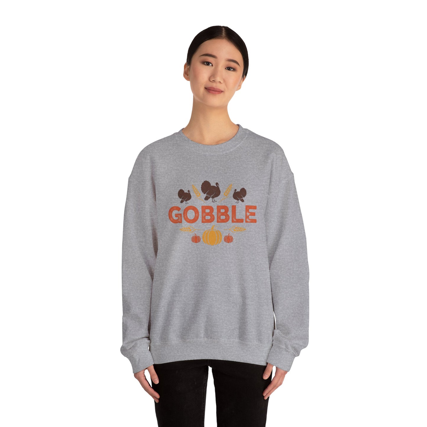 Gobble Turkey Sweatshirt, Thanksgiving Pumpkin Crewneck, Autumn Wheat & Turkey Graphic Pullover, Cozy Fall Family Turkey Day Shirt
