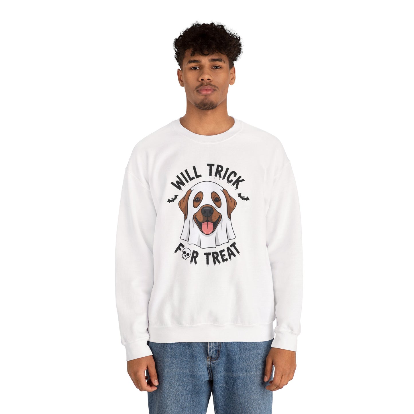 Will Trick for Treat Sweatshirt, Ghost Dog Halloween Crewneck, Funny Pet Costume Graphic Pullover, Trick-or-Treat Dog Lover Gift Sweater