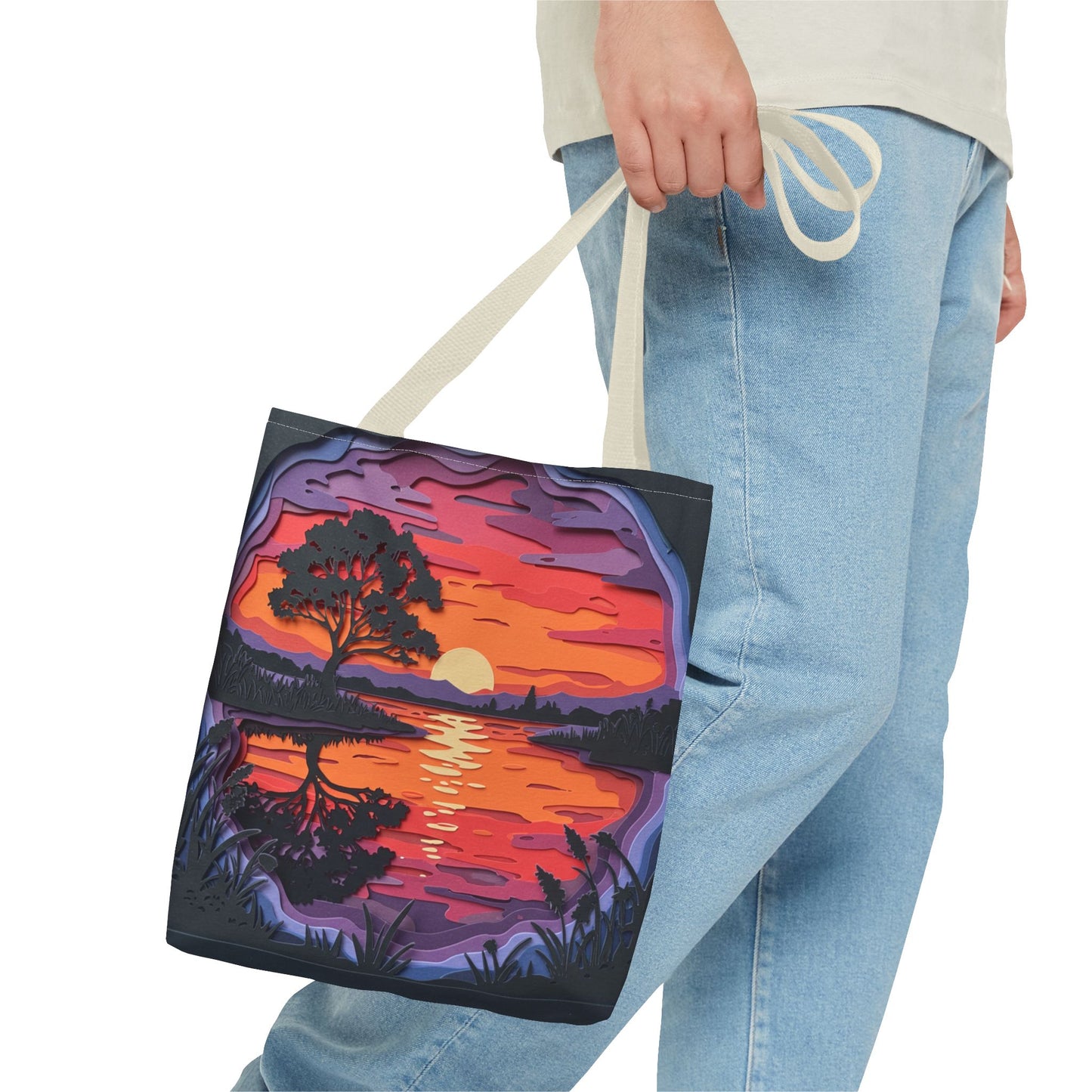 Sunset Landscape Canvas Tote Bag – Paper‑Art Inspired Nature Scene Tote – Colorful Sunset Market Tote, Eco Reusable Beach Bag, Vibrant Gift for Her