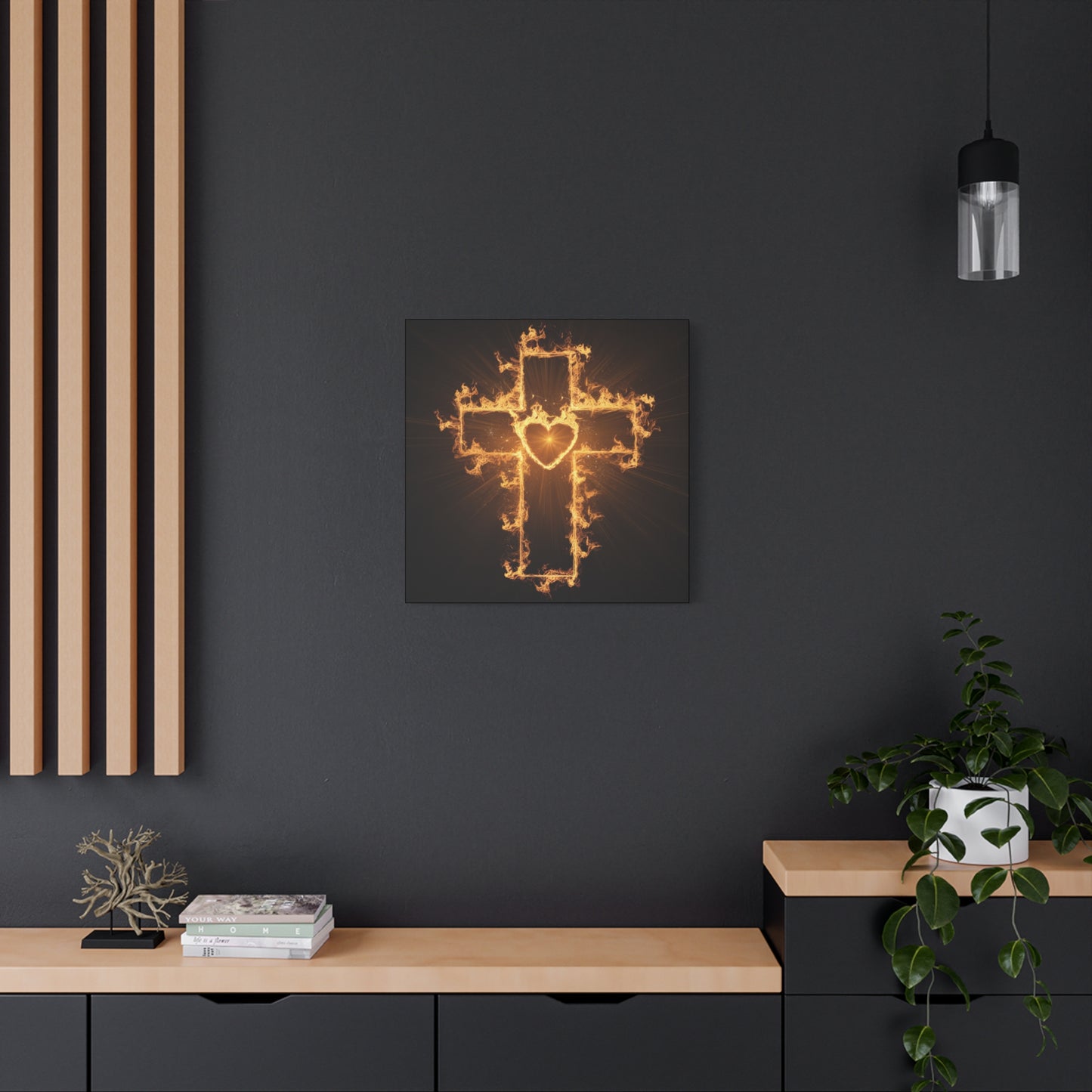 Flaming Heart and Cross Christian Wall Art Canvas