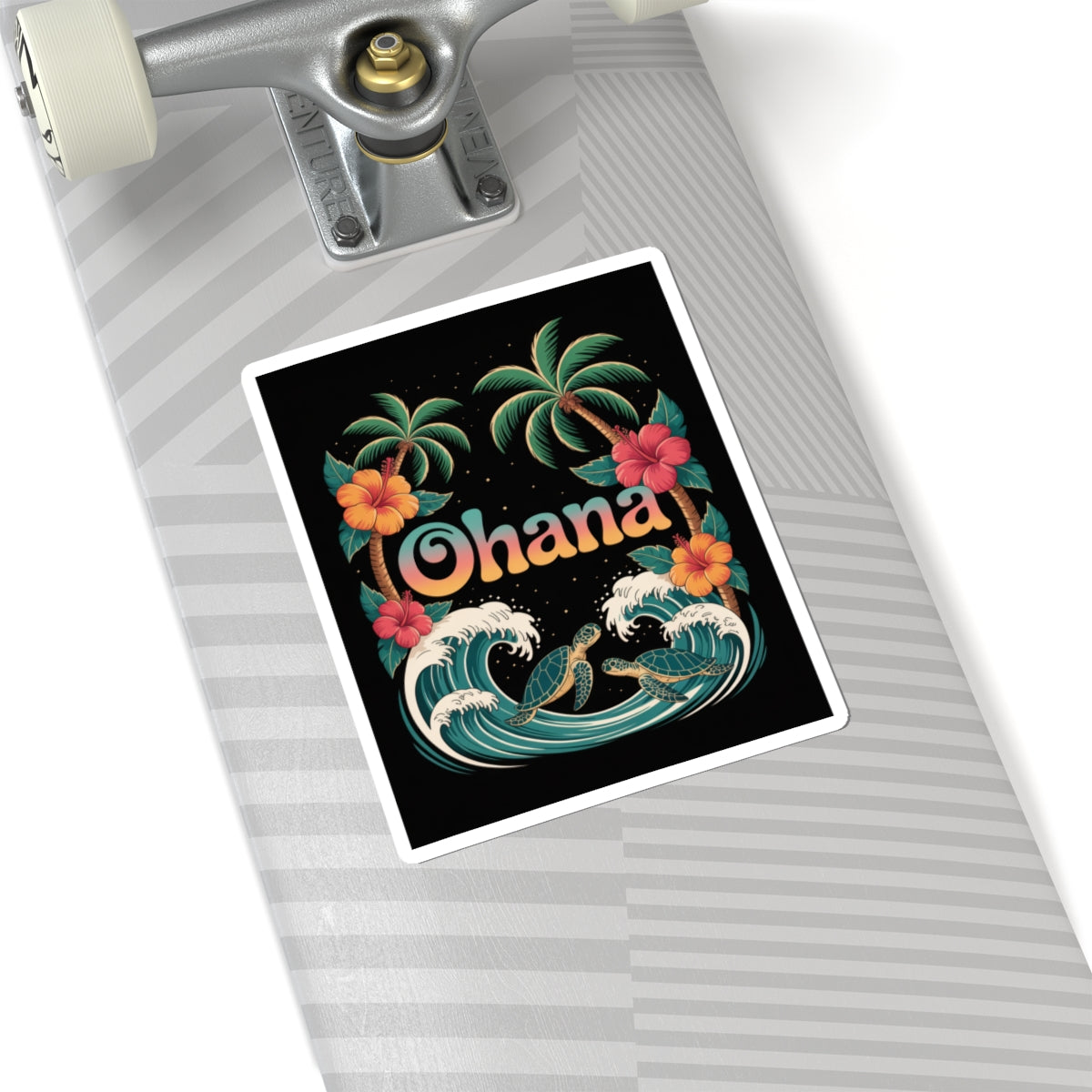 Ohana Sticker – Retro Hawaiian Sea Turtle Decal with Palm Trees & Waves – Waterproof Vinyl Laptop or Water Bottle Tropical Gift