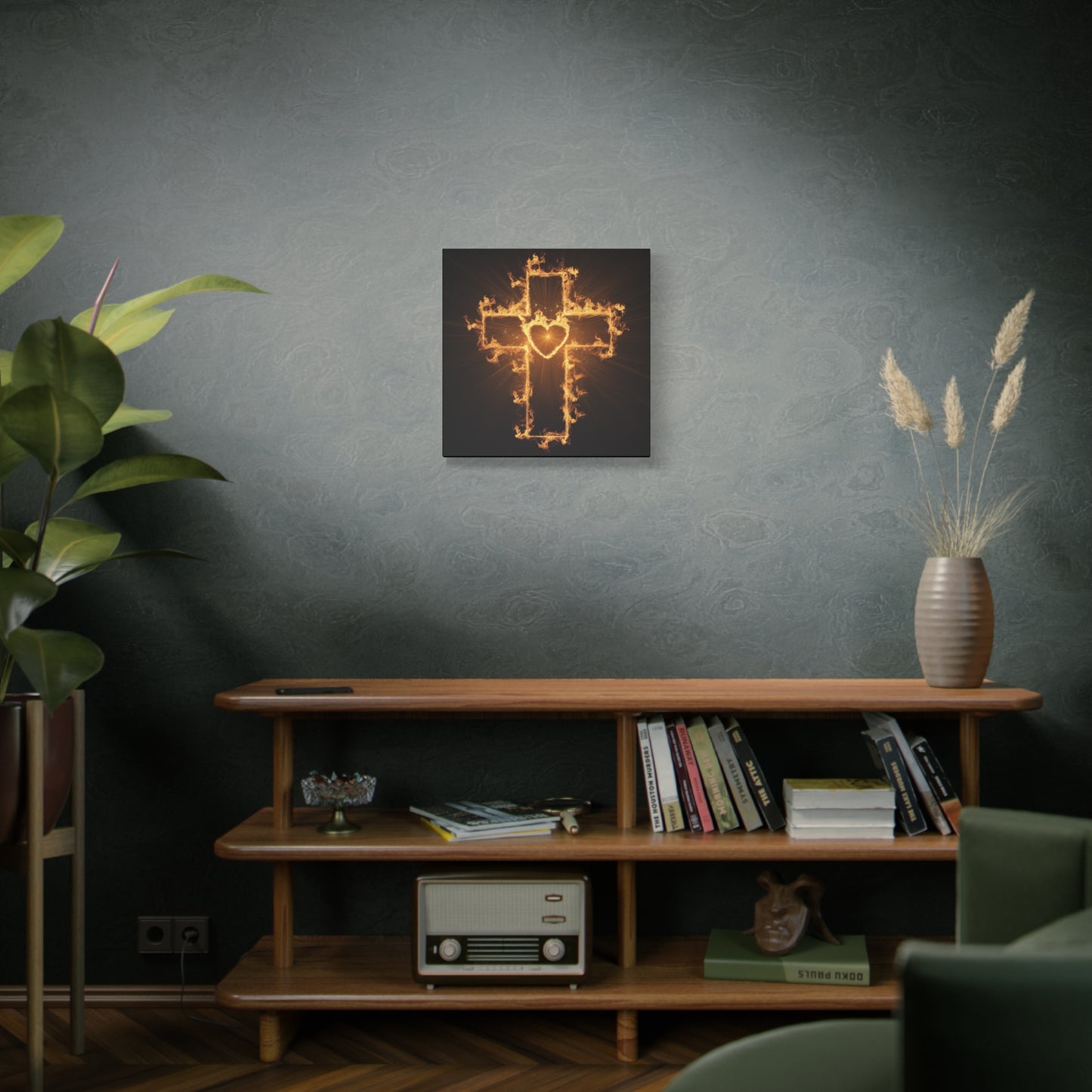Flaming Heart and Cross Christian Wall Art Canvas