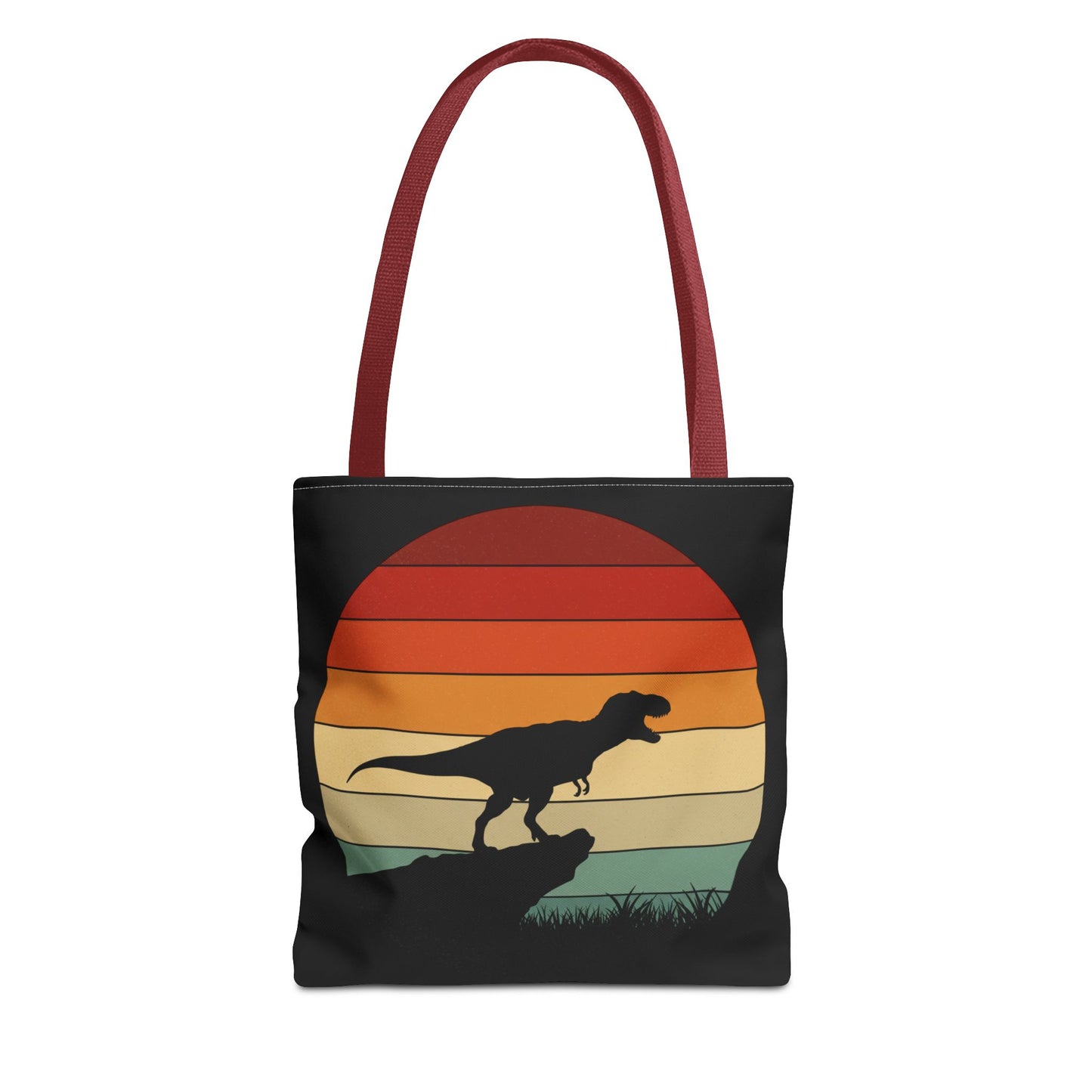 Retro Dinosaur Sunset Tote Bag | AOP Canvas Shopper - Eco Beach Bag for Dino Lovers and Kids, All-Over Print Summer Travel Gift