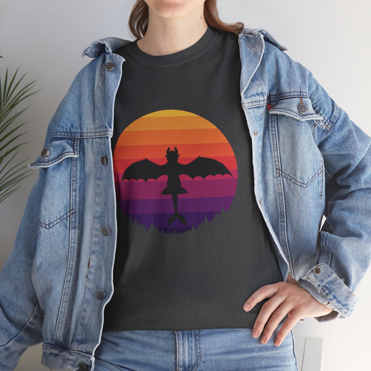 Night Dragon Sunset T-Shirt | Retro Dragon Silhouette Tee | Fantasy Dragon Shirt | Unisex Graphic Tee | Gift for Dragon Lovers