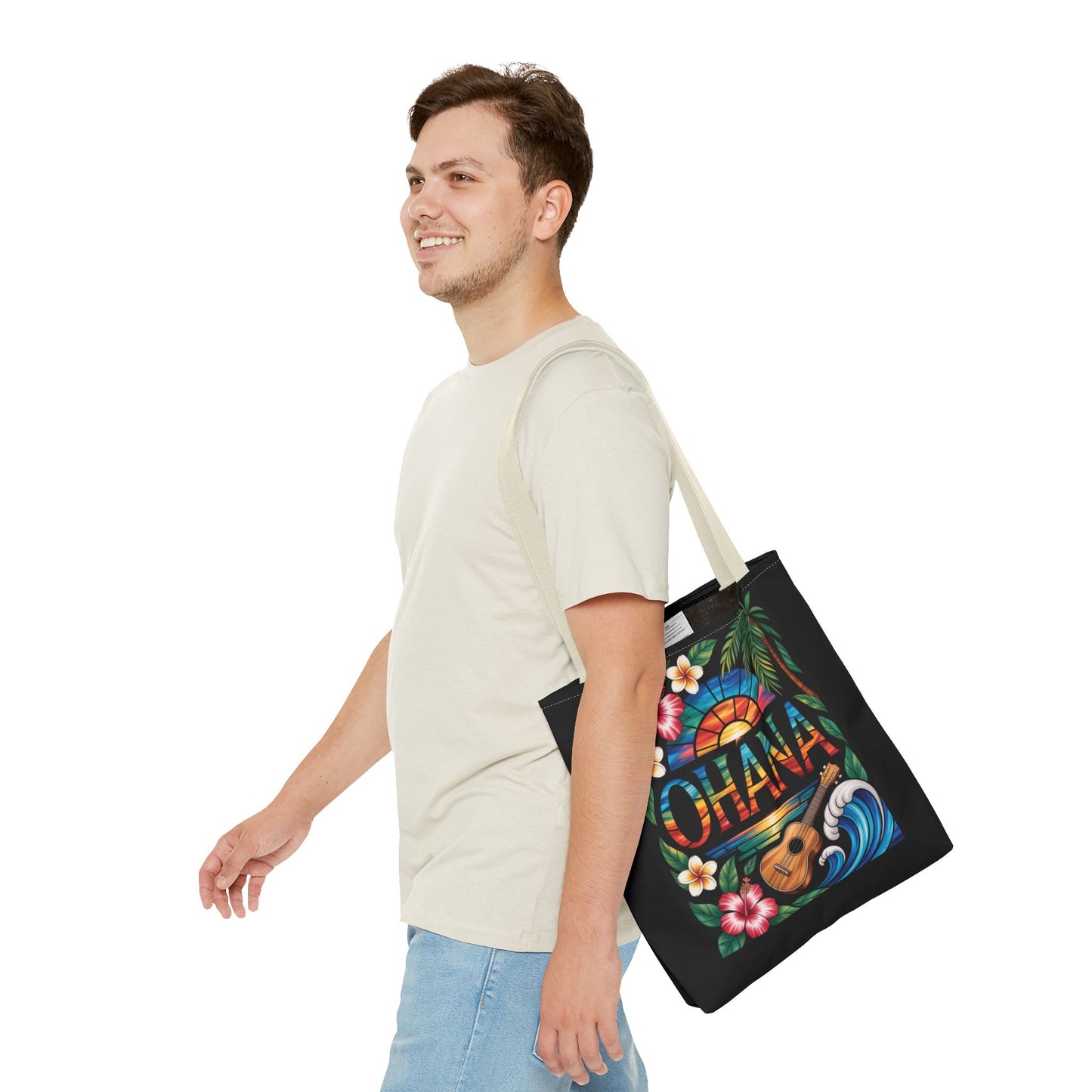 Ohana Tote Bag – Hawaiian Tropical Beach Bag with Ukulele, Sunset & Hibiscus Flowers, Island Gift for Women, Aloha Family Vibes