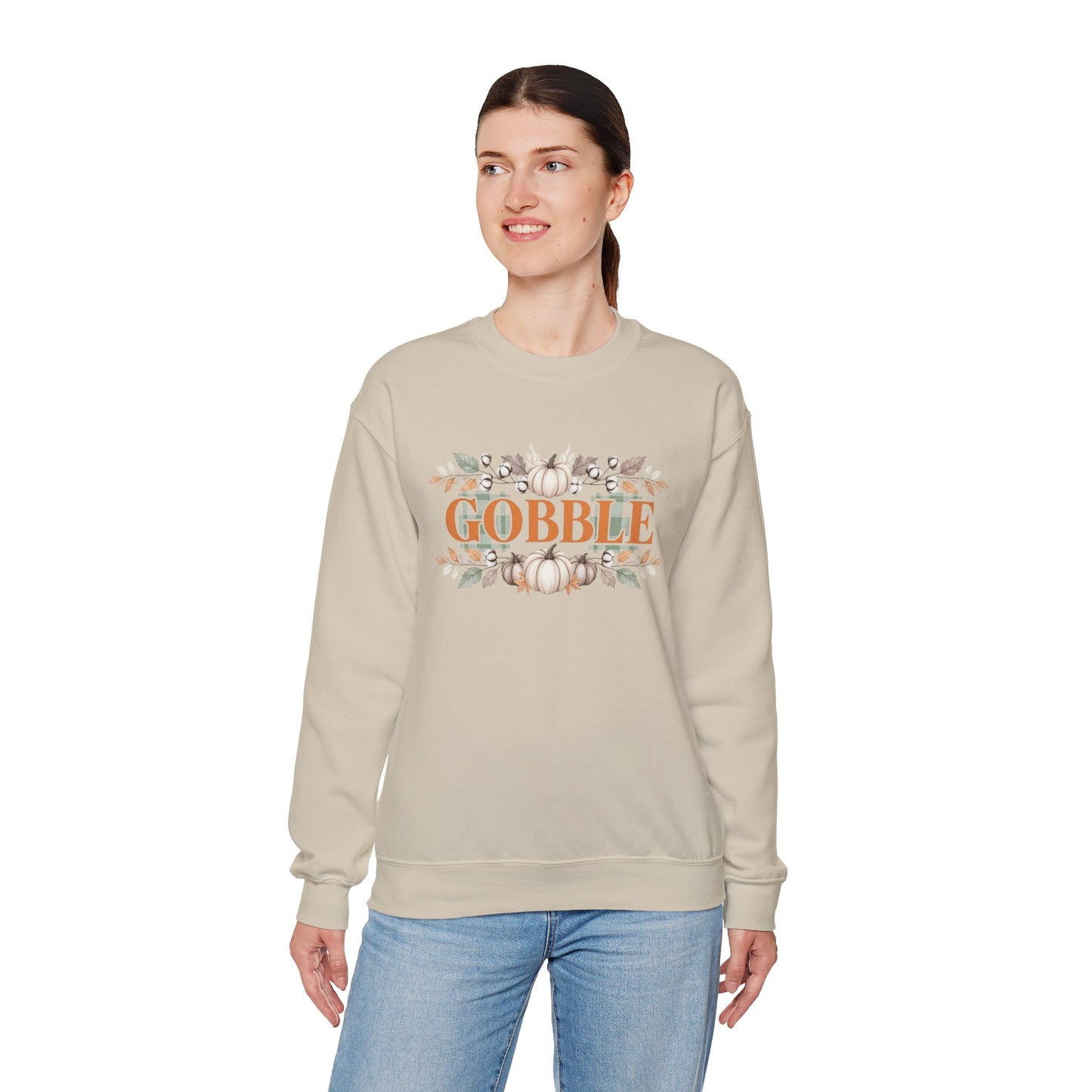 Gobble Thanksgiving Sweatshirt, Neutral Fall Pumpkin Crewneck, Autumn Cotton Stems Leaves Pullover, Cozy Rustic Thanksgiving Top