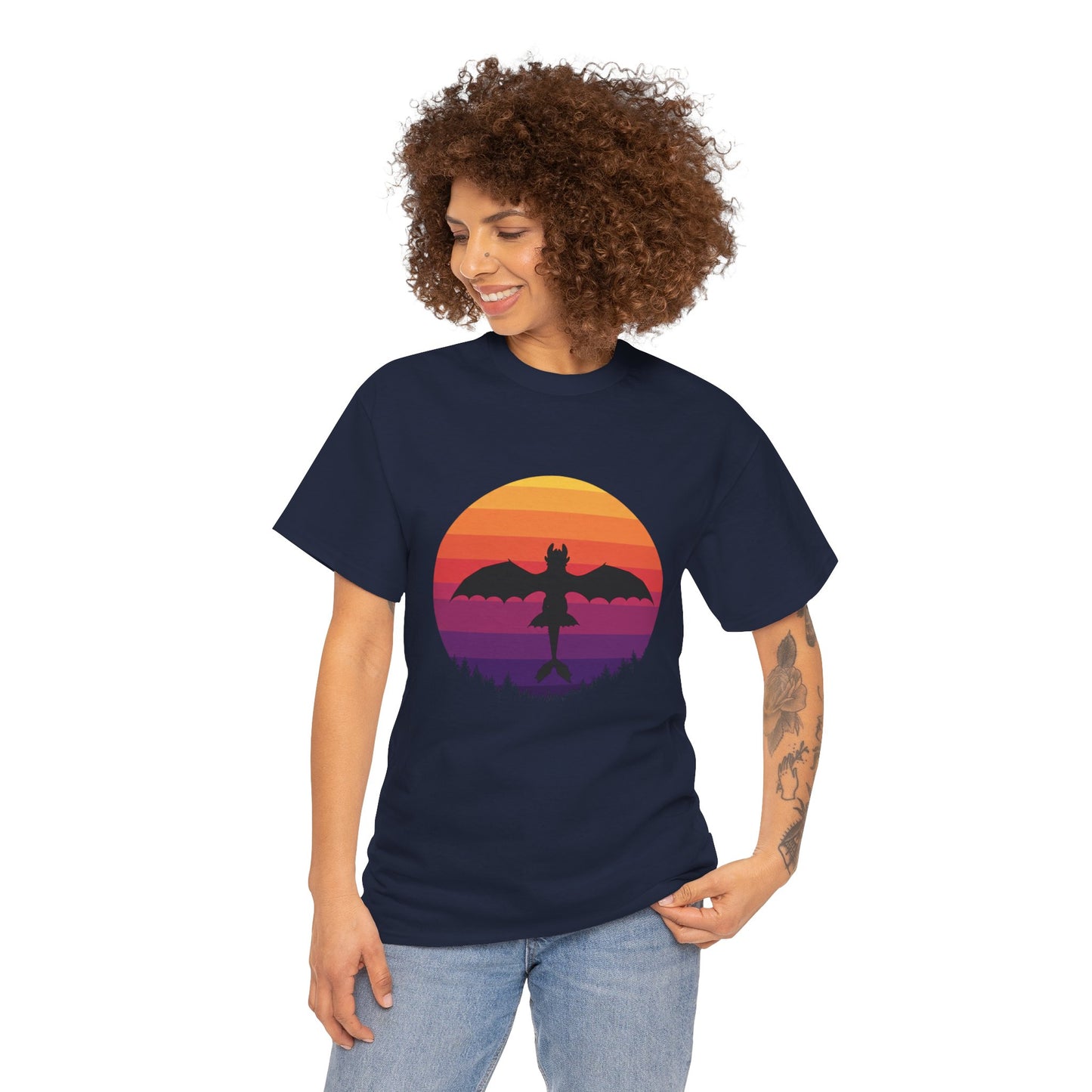 Night Dragon Sunset T-Shirt | Retro Dragon Silhouette Tee | Fantasy Dragon Shirt | Unisex Graphic Tee | Gift for Dragon Lovers