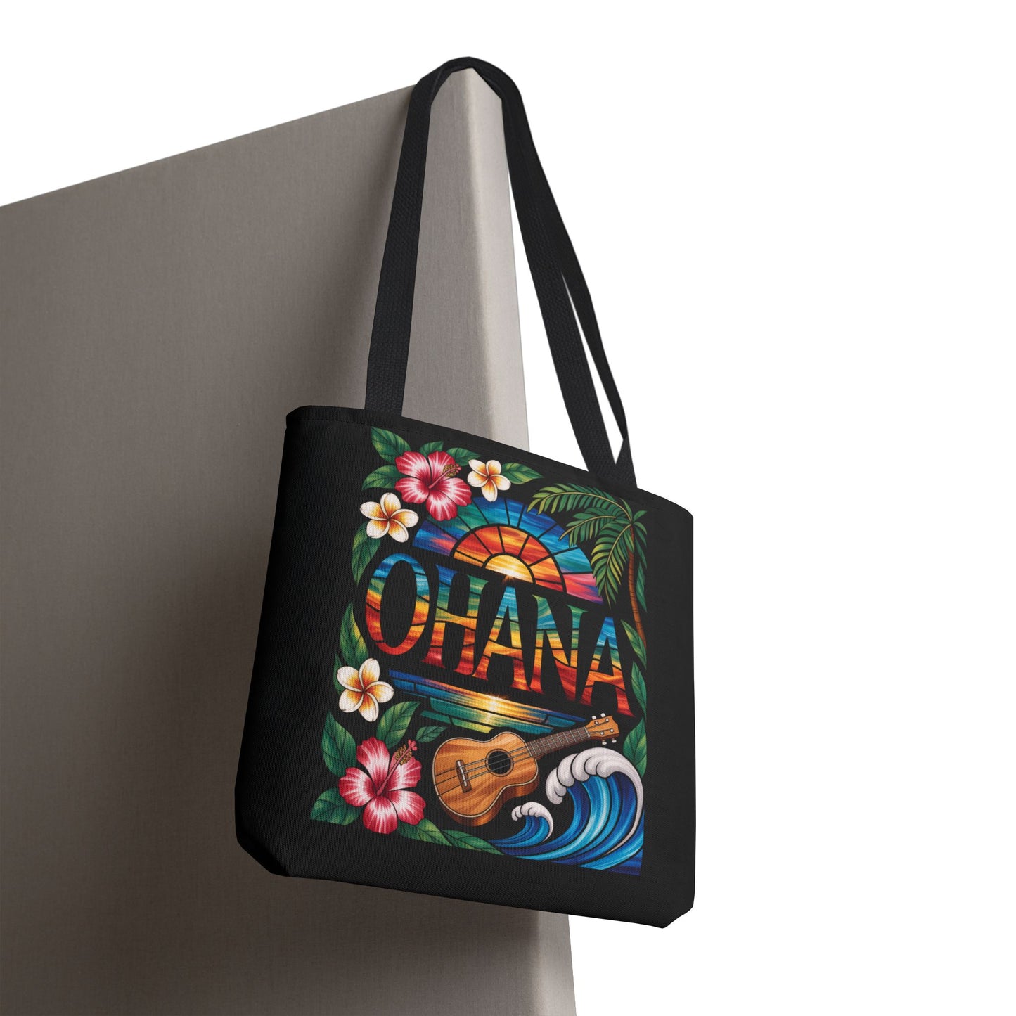 Ohana Tote Bag – Hawaiian Tropical Beach Bag with Ukulele, Sunset & Hibiscus Flowers, Island Gift for Women, Aloha Family Vibes