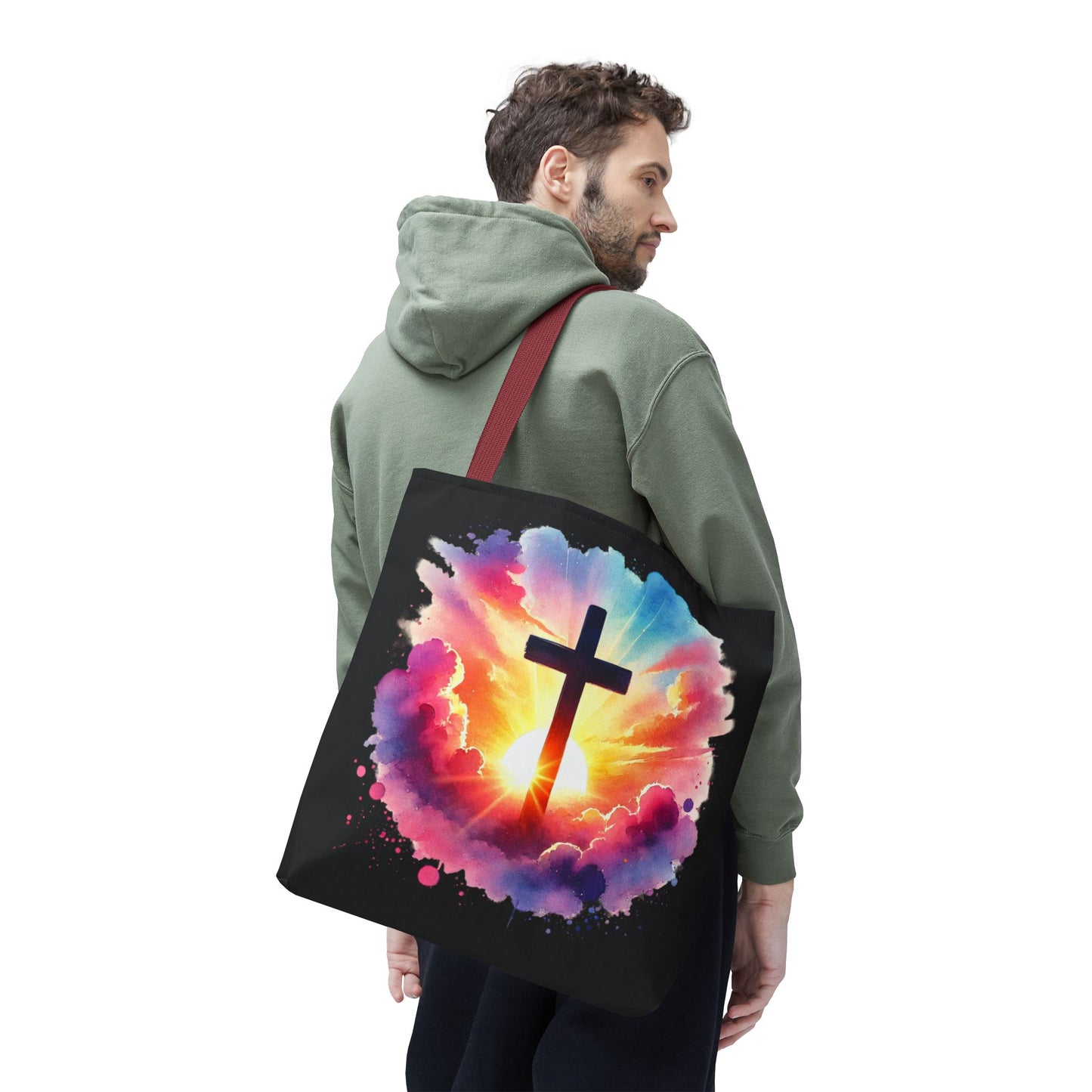 Inspirational Watercolor Sunrise Cross Tote Bag – Faith Art Canvas Tote, Christian Gift, Spiritual Aesthetic, Colorful Bible Verse Tote – Reusable Black Tote
