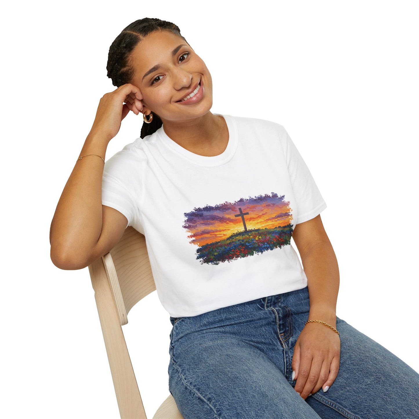 Van Gogh-Style Cross Sunset T-Shirt | Christian Faith Tee, Impressionist Nature Cross Shirt, Sunset Religious Art, Faith & Landscape Gift
