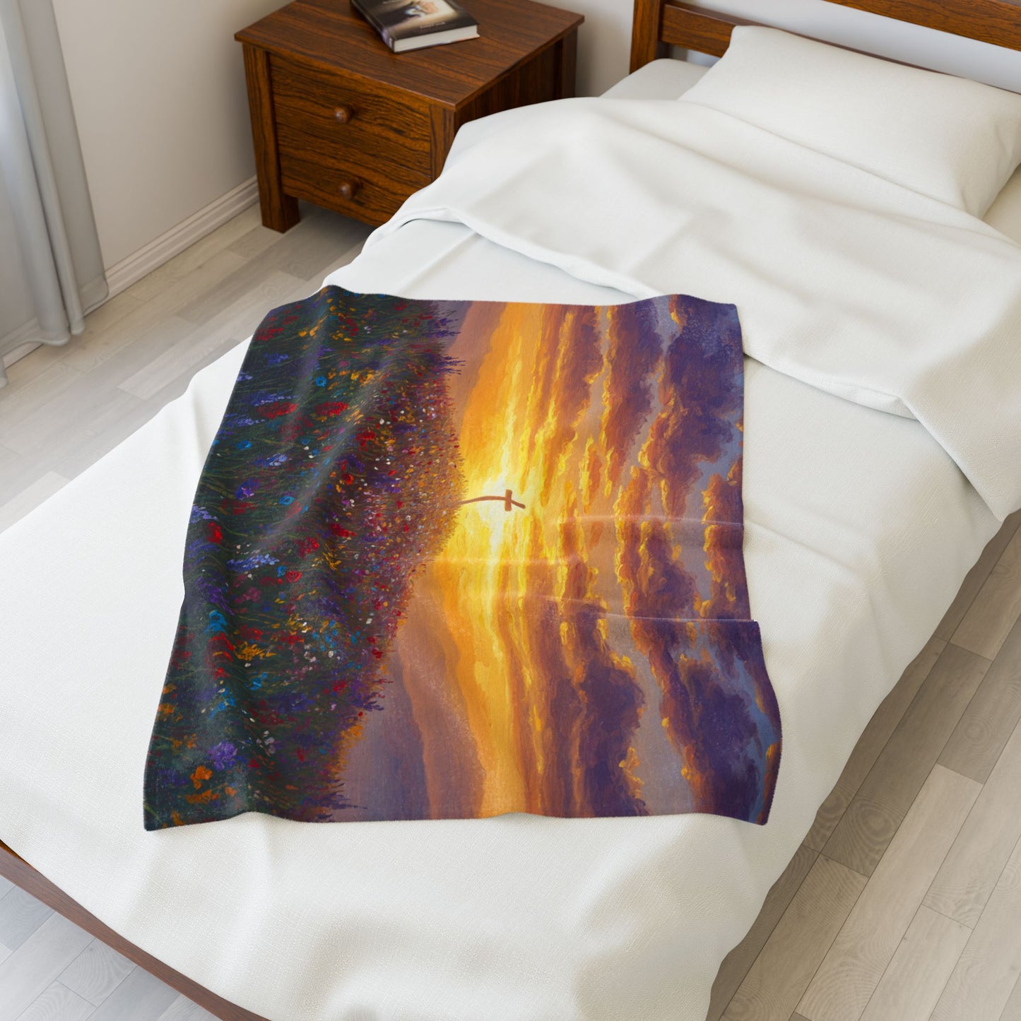 Velveteen Plush Blanket - Monet Style Cross on Hill Painting Christian Blanket Faith Inspired Throw Spiritual Decor Religious Blanket