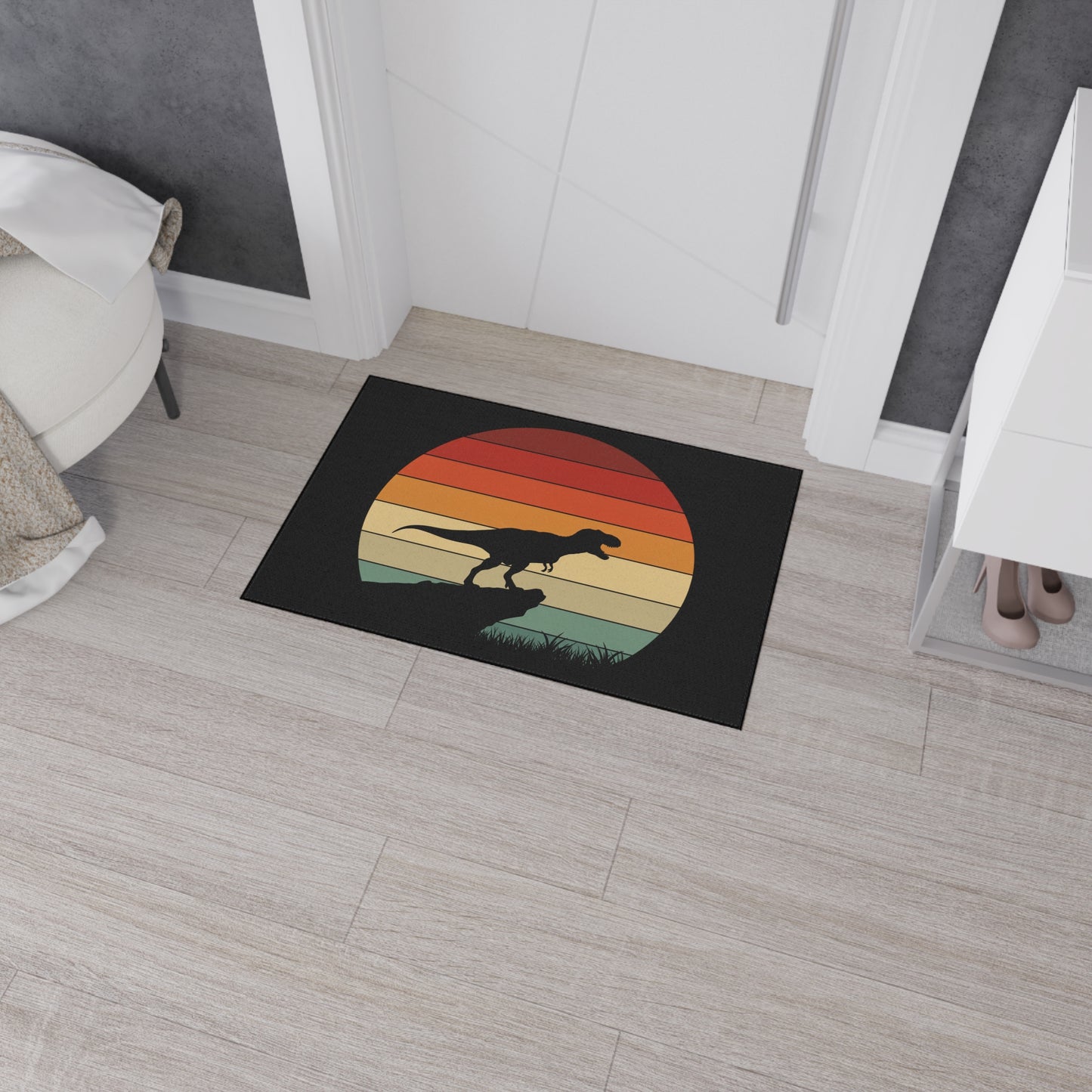 Retro T-Rex Sunset Floor Mat | Heavy Duty Playroom Rug - Non-Slip Dinosaur Entrance Mat for Kids Room, Home, Nursery Decor
