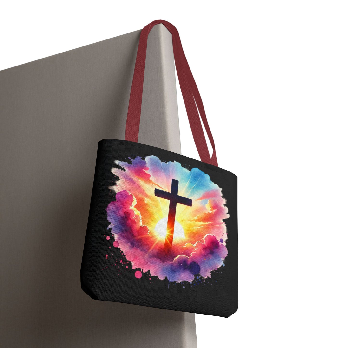 Inspirational Watercolor Sunrise Cross Tote Bag – Faith Art Canvas Tote, Christian Gift, Spiritual Aesthetic, Colorful Bible Verse Tote – Reusable Black Tote