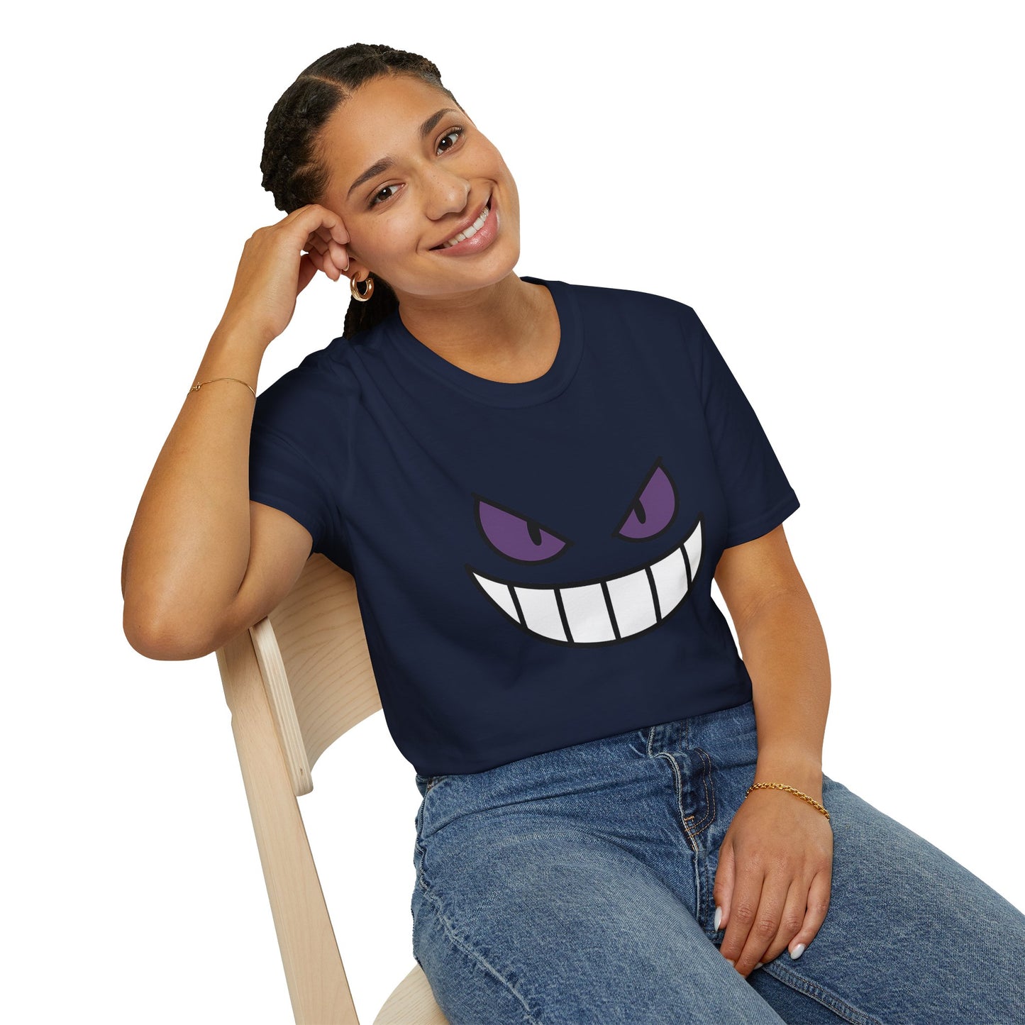 Mischievous Shadow Face Tee - Purple Eyes and Big Grin Graphic Shirt | Spooky Cute Gift, Retro Gaming Vibe, Funny Halloween Unisex Top