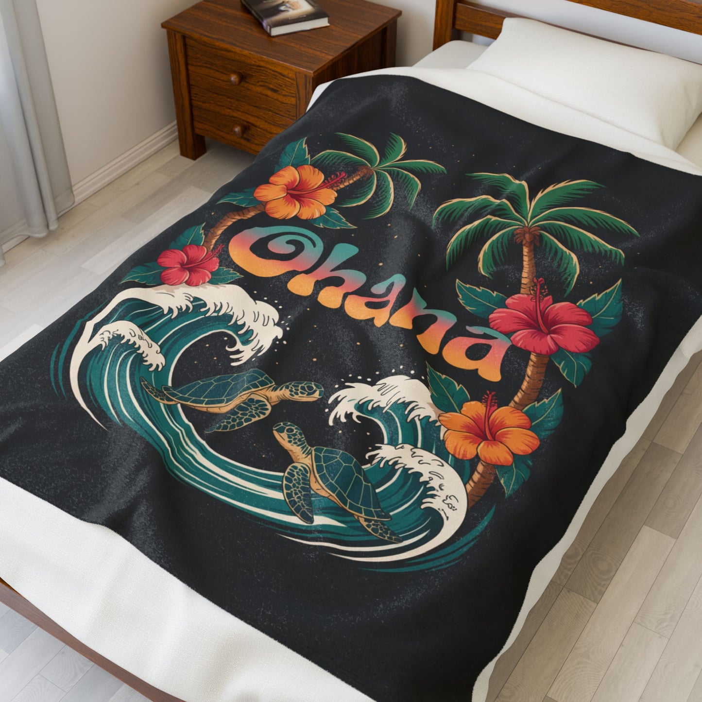 Ohana Hawaiian Turtle Blanket - Tropical Beach Throw with Palm Trees & Hibiscus - Cozy Coastal Decor Gift - Soft Summer Bed Blanket