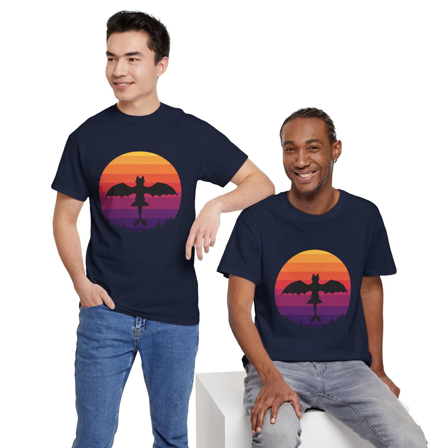 Night Dragon Sunset T-Shirt | Retro Dragon Silhouette Tee | Fantasy Dragon Shirt | Unisex Graphic Tee | Gift for Dragon Lovers