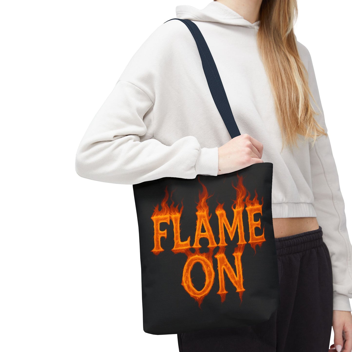 Flame On Tote Bag - Fire Typography Black Bag for Book Lovers, Gym, or Groceries | Bold Comic-Inspired Catchphrase Tote