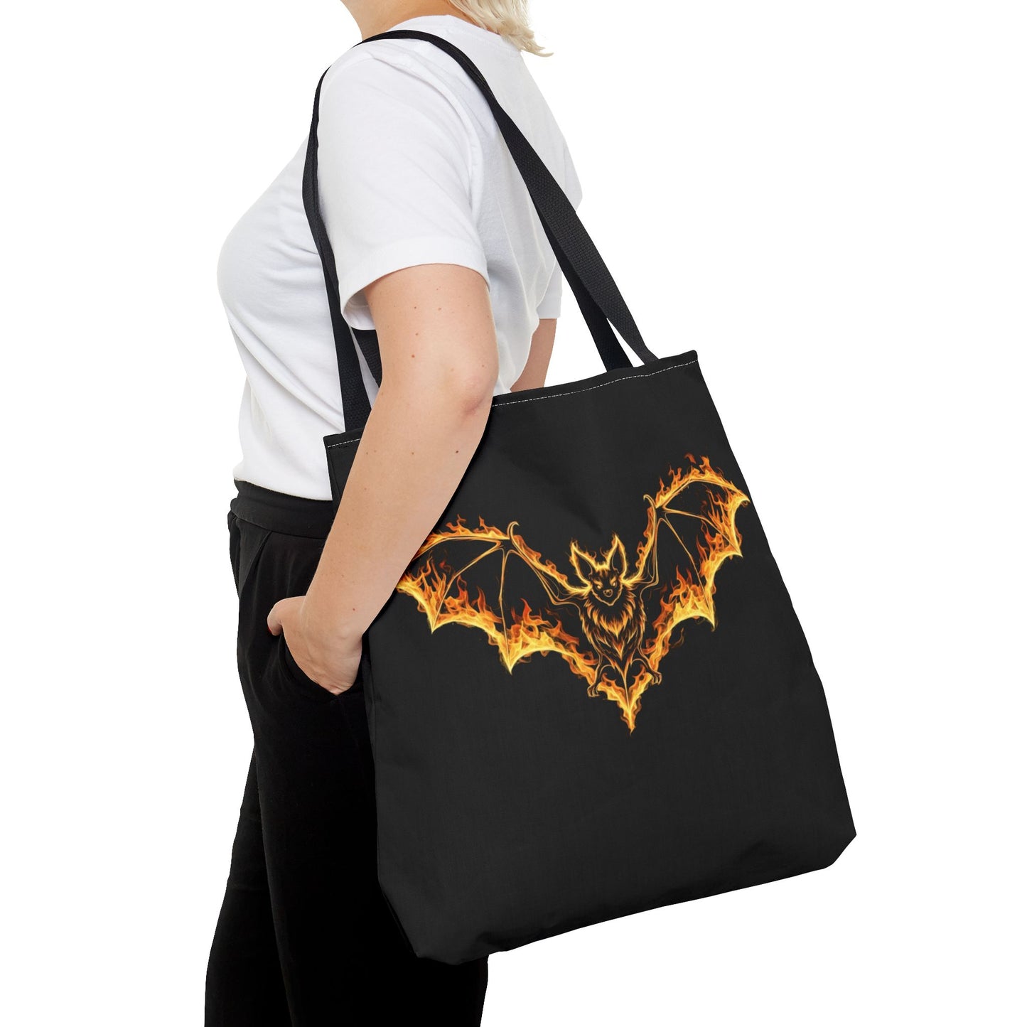 Flaming Bat Tote Bag, Gothic Halloween Canvas Tote, Fiery Wing Bat Design Tote, Spooky Season Accessory, Gothic Gift Tote