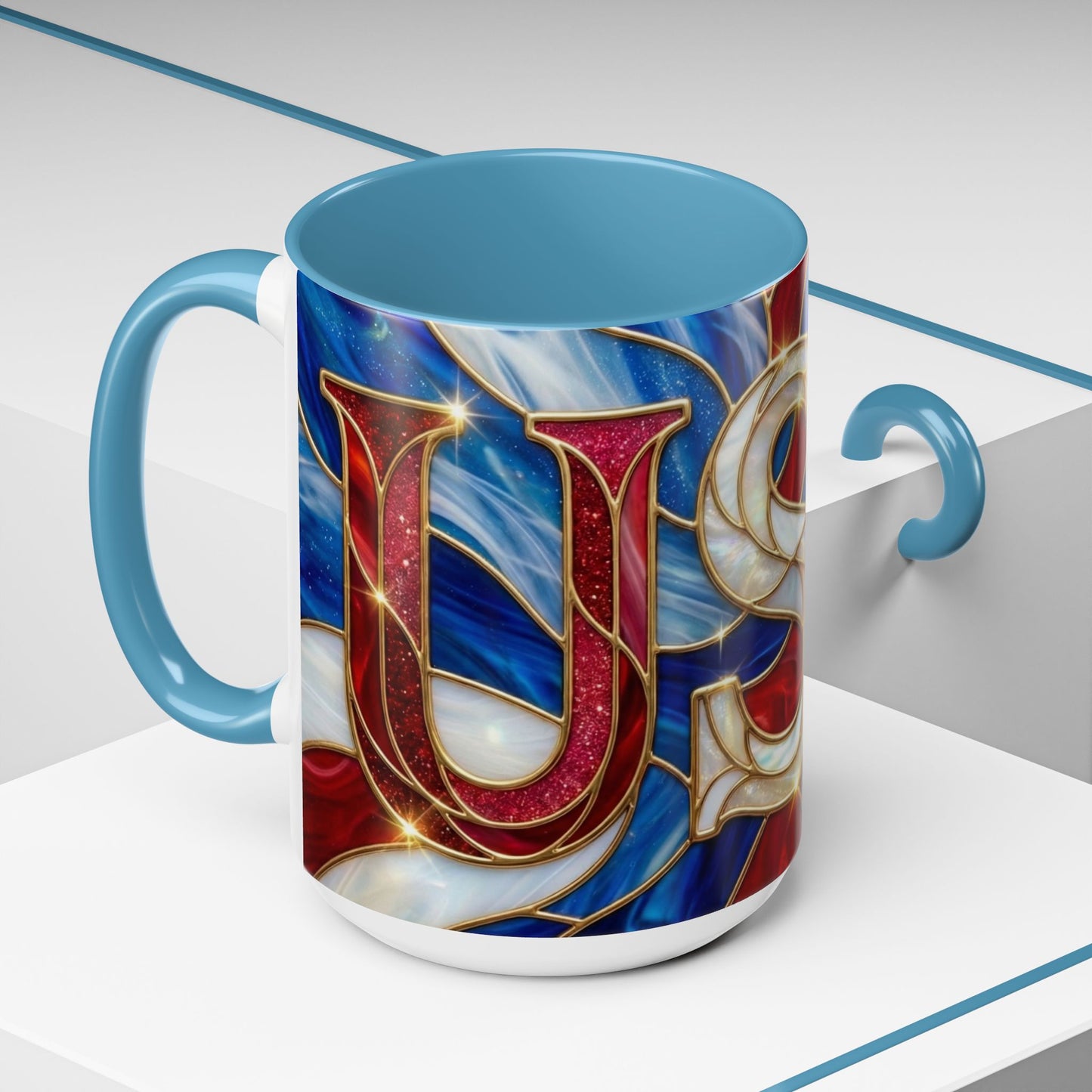 USA Patriotic Coffee Mug, Stained Glass USA Mug, Red White Blue Ceramic Mug, American Flag Style Mug, 11oz 15oz Mug