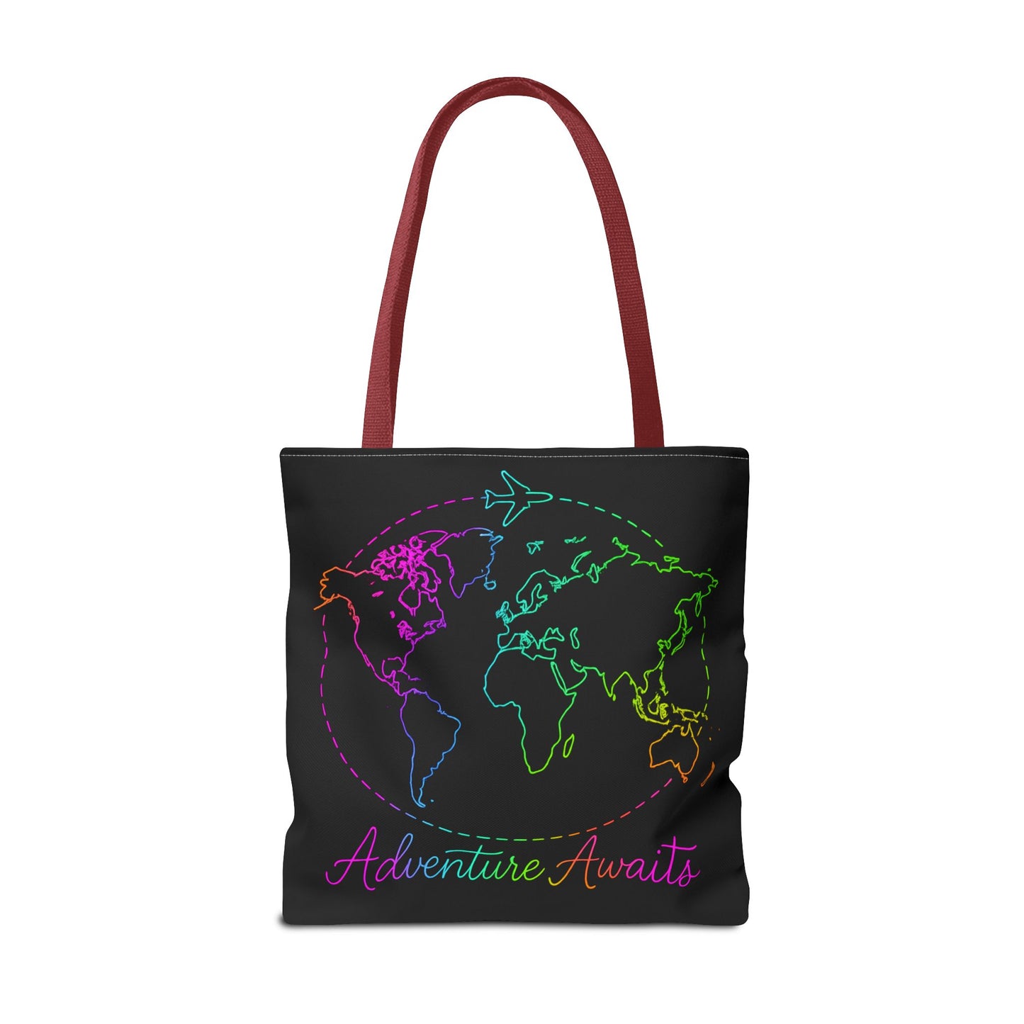 Adventure Awaits Neon Tote Bag - Y2K Rainbow World Map and Plane Travel Tote, Reusable Canvas Tote for Airport, Beach, Market + Gift