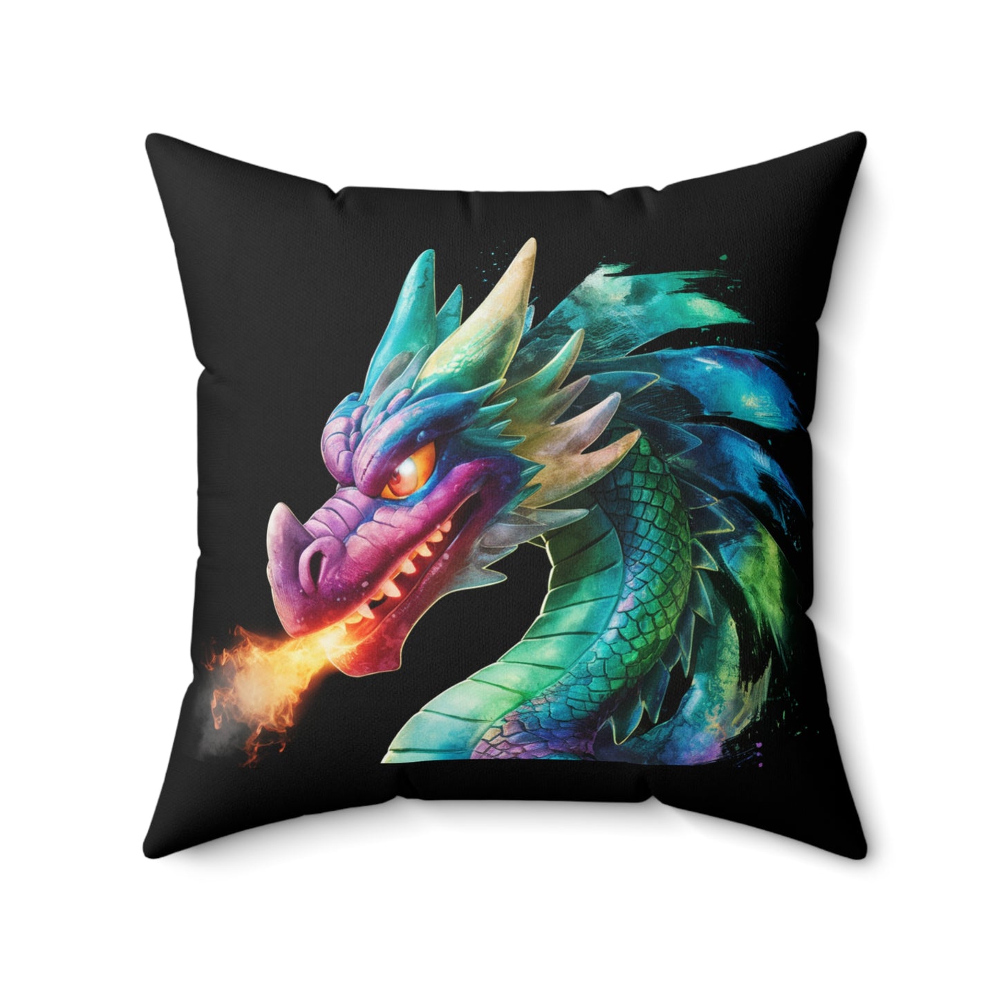 Colorful Fire Breathing Dragon Pillow | Fantasy Throw Pillow | Gamer Gift | Dragon Decor | Mythical Creature Cushion