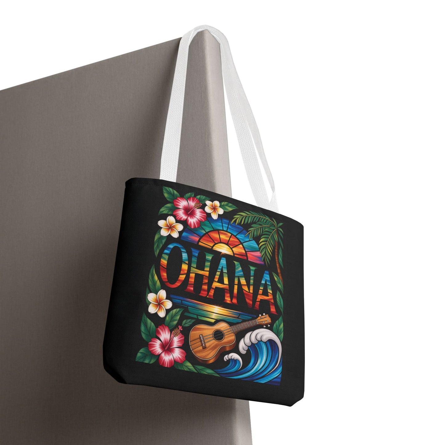 Ohana Tote Bag – Hawaiian Tropical Beach Bag with Ukulele, Sunset & Hibiscus Flowers, Island Gift for Women, Aloha Family Vibes