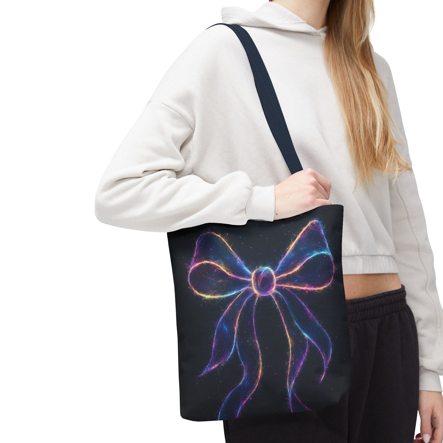 Galaxy Glow Bow Tote Bag, Cosmic Neon Ribbon Design, Black Space Art Bag, Celestial Gift For Her, Stylish Reusable Everyday Tote