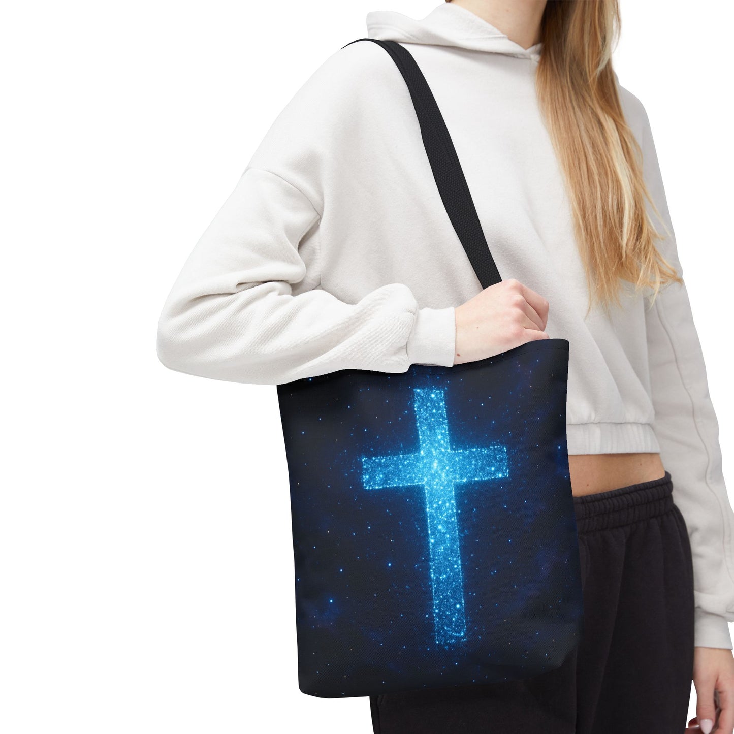 Sparkling Cross Tote Bag - Inspirational Blue Cosmic Bag Christian Tote Spiritual Bag Inspirational Tote Bag
