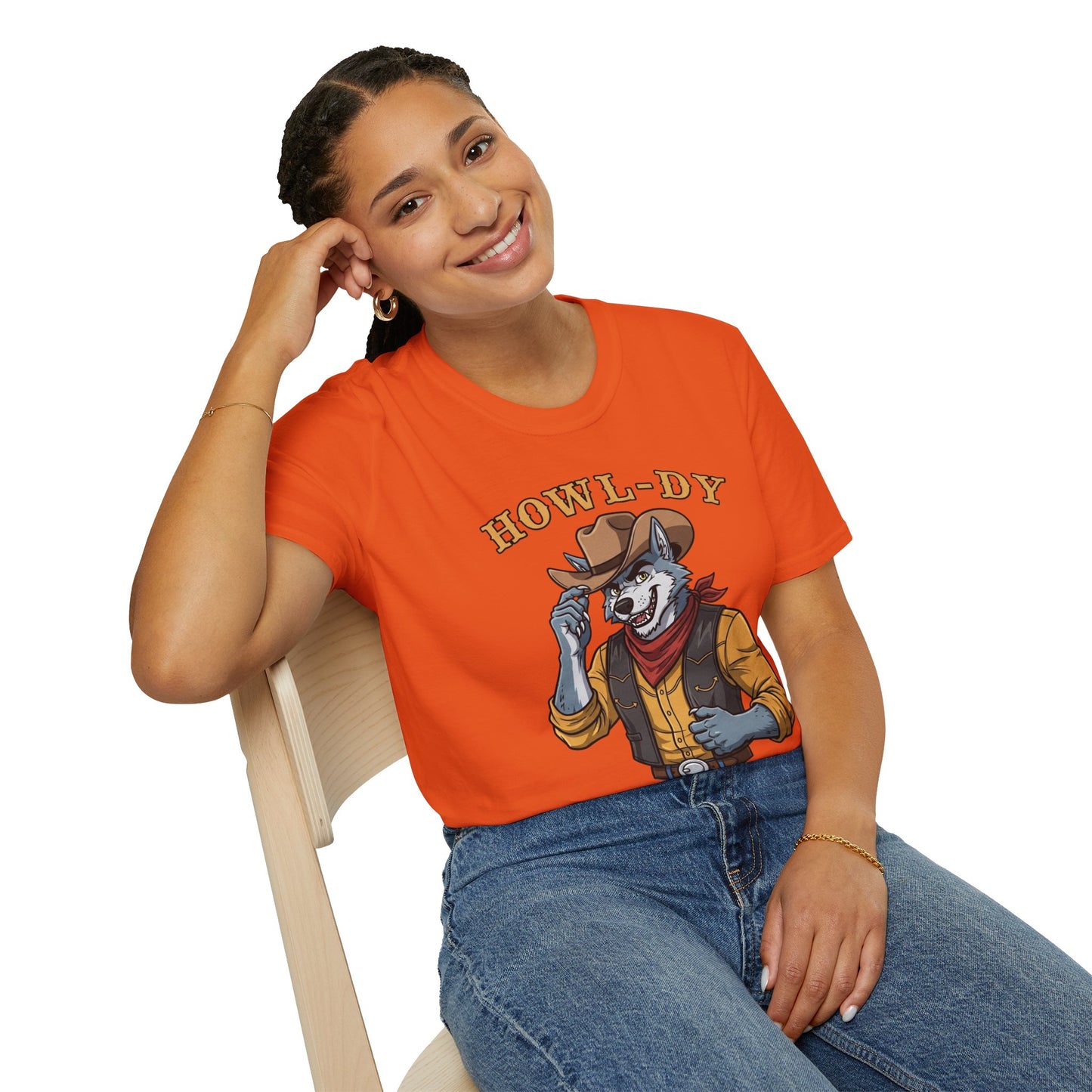 Howl-dy Partner Wolf Cowboy T-Shirt | Western Howling Wolf Graphic Tee, Funny Animal Shirt, Cowboy Gifts, Rustic Country Tee