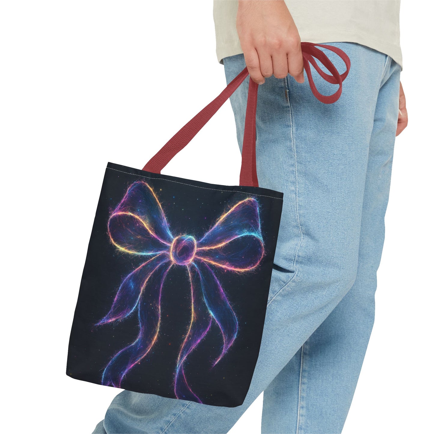 Galaxy Glow Bow Tote Bag, Cosmic Neon Ribbon Design, Black Space Art Bag, Celestial Gift For Her, Stylish Reusable Everyday Tote