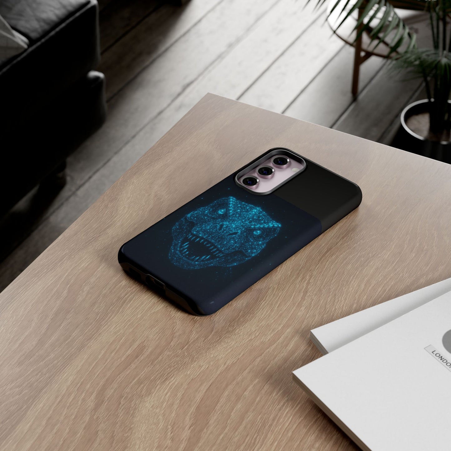 Bioluminescent T-Rex Samsung Case - Galaxy Tough Dual-Layer Cover, Cosmic Dino Particle Design, S25 S24 S23 Gift