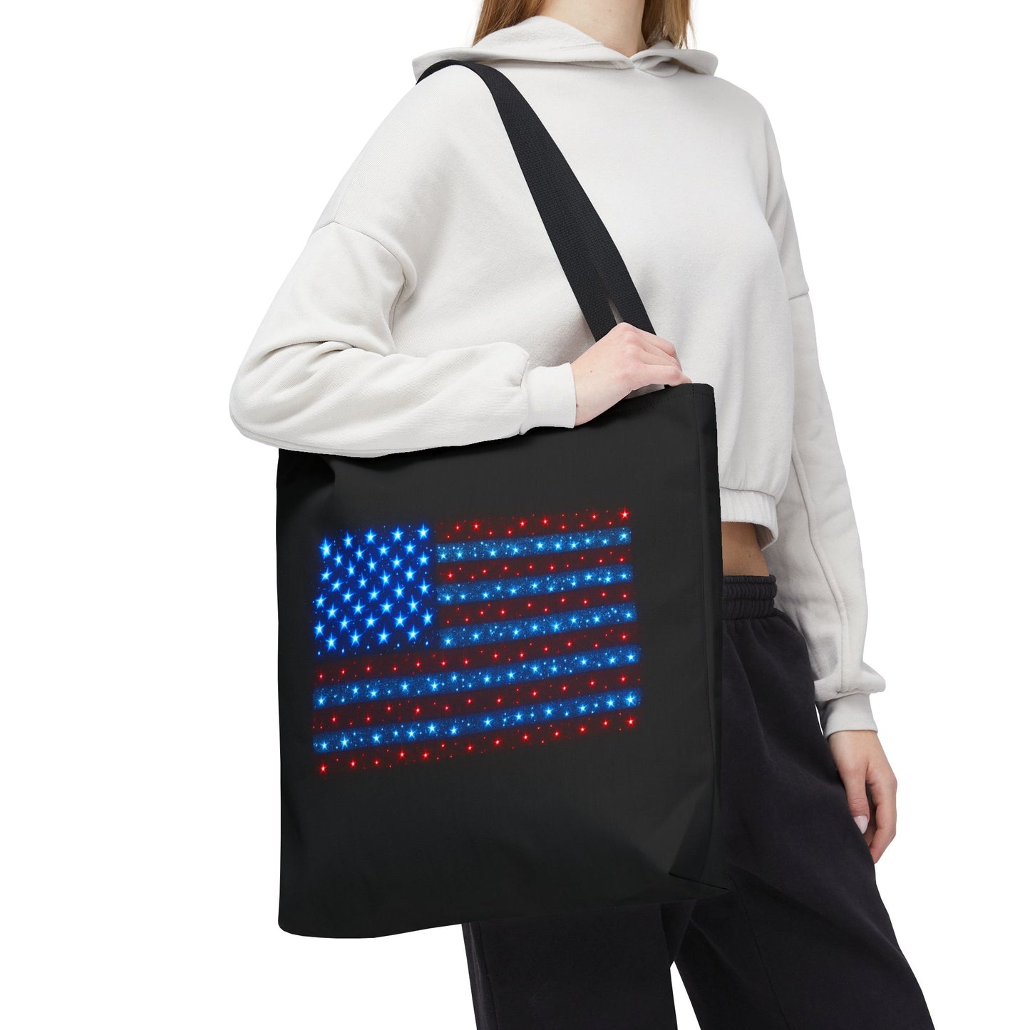 Galaxy Bioluminescent USA Flag Tote Bag - Patriotic Cosmic Canvas Shopper - Starry Red White Blue Tote Non-Glow - 4th July Gift