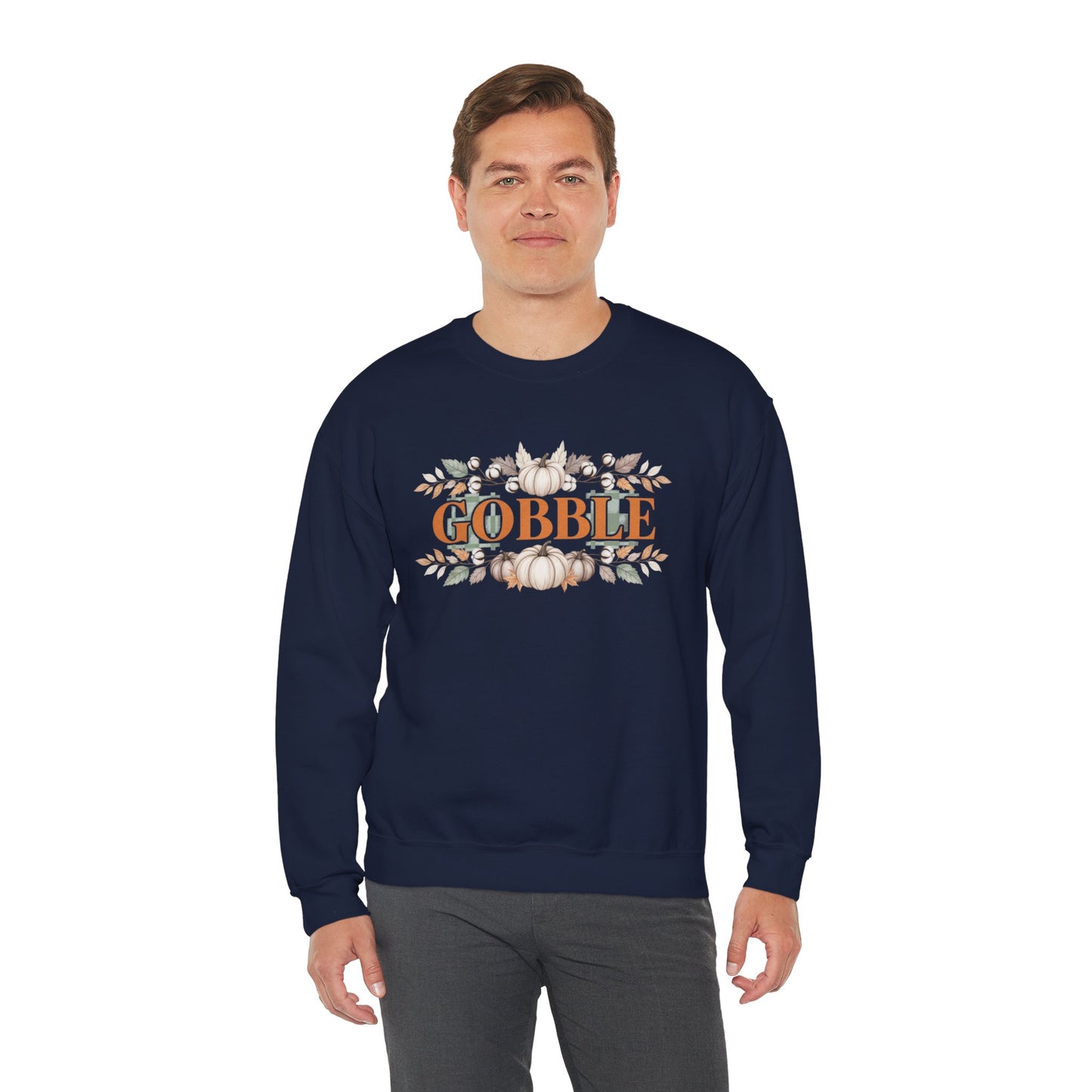 Gobble Thanksgiving Sweatshirt, Neutral Fall Pumpkin Crewneck, Autumn Cotton Stems Leaves Pullover, Cozy Rustic Thanksgiving Top