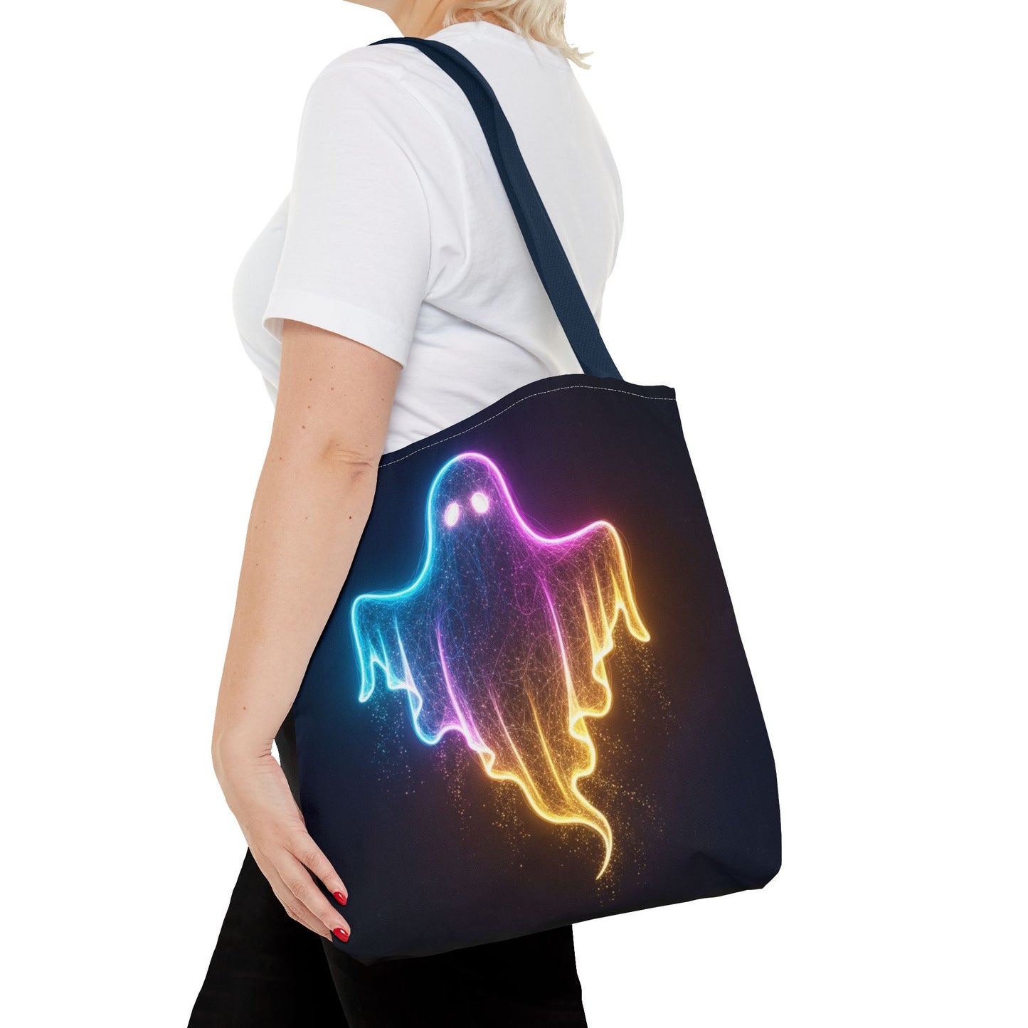 Neon Ghost Tote Bag - Bright Colorful Ghost Print Shoulder Tote, Spooky Cute Reusable Canvas Bag, Halloween Aesthetic Everyday Carry