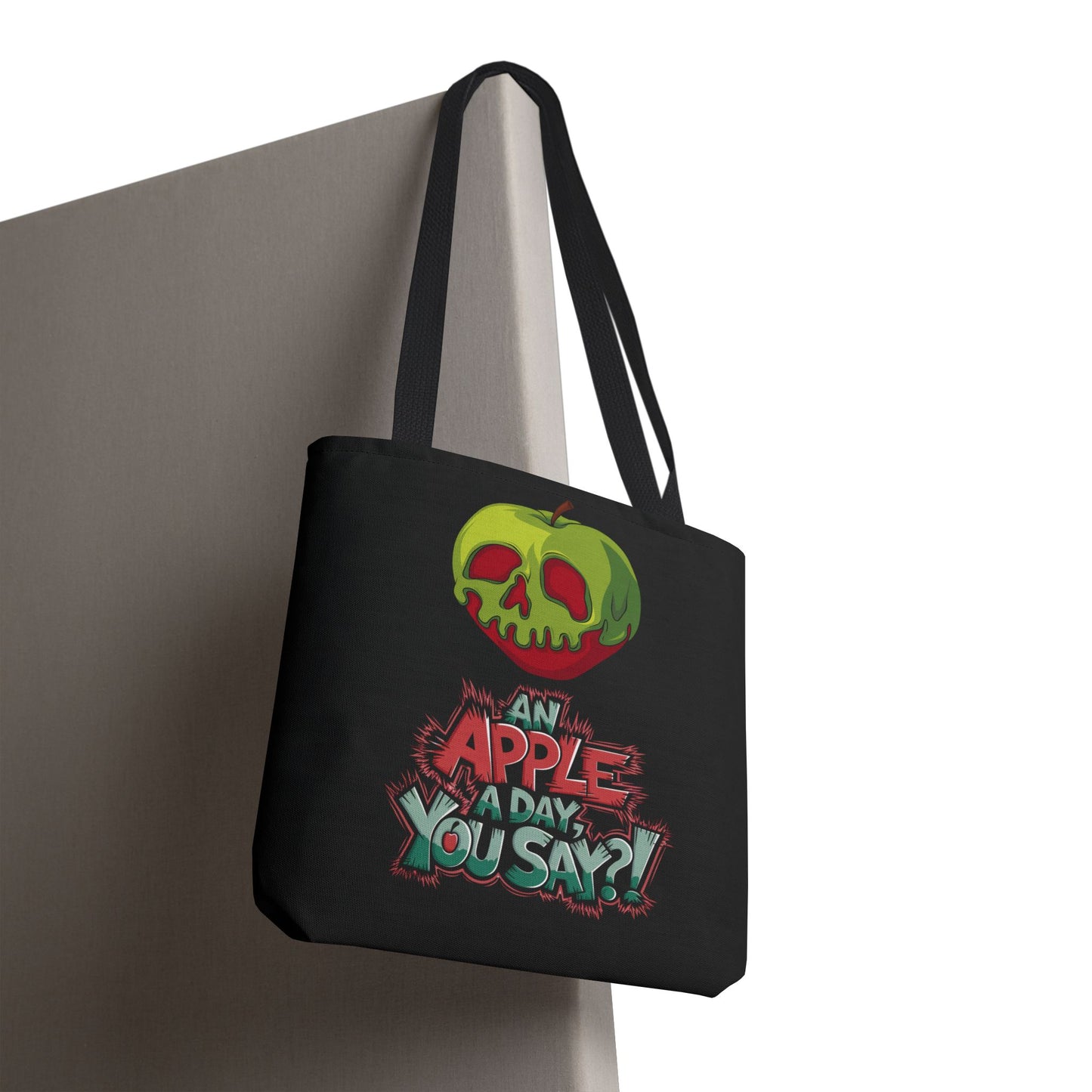 Spooky Halloween Tote Bag – Poison Apple Design – Funny Gothic Tote – Trick or Treat Bag – Creepy Apple Pun Gift – Black Tote Bag