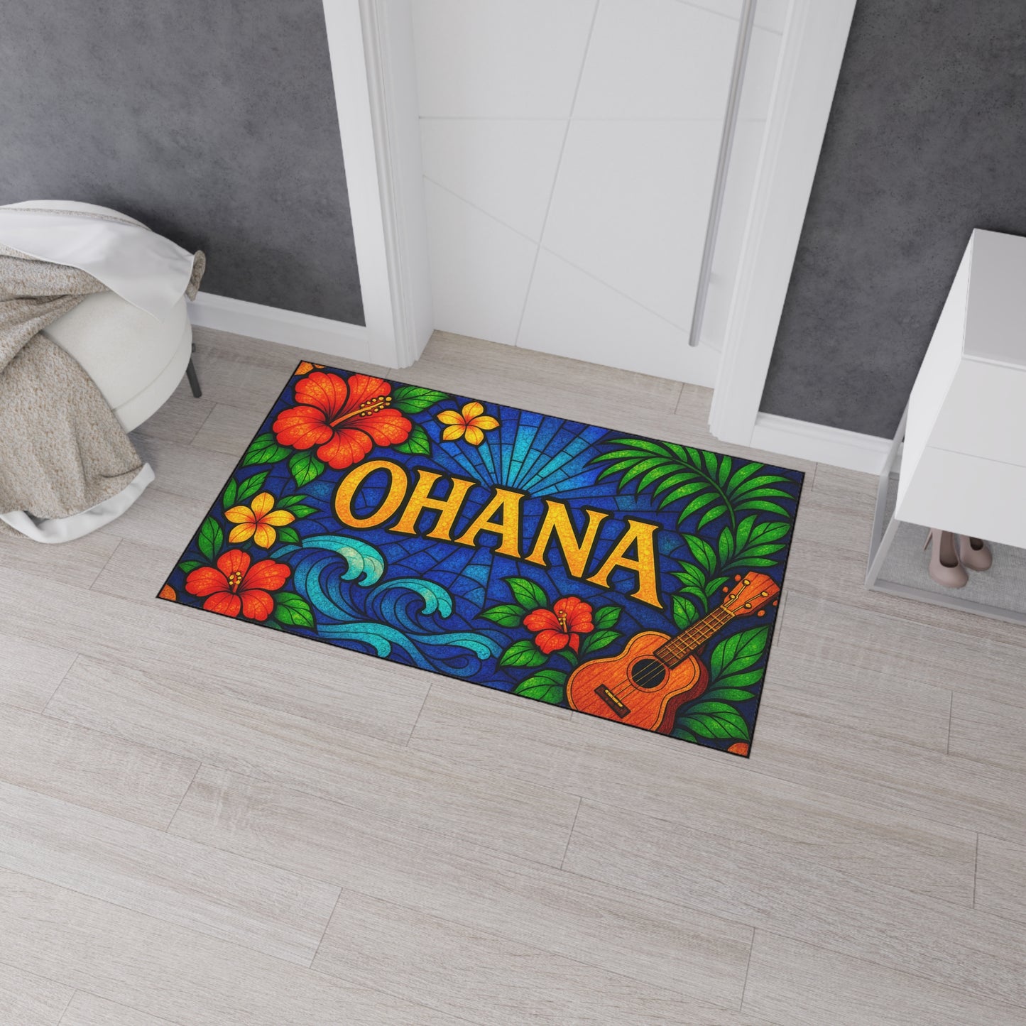 Ohana Welcome Mat - Tropical Hawaiian Rug for Entryway or Kitchen, Family Theme Doormat with Floral Aloha Vibes, Indoor Home Decor