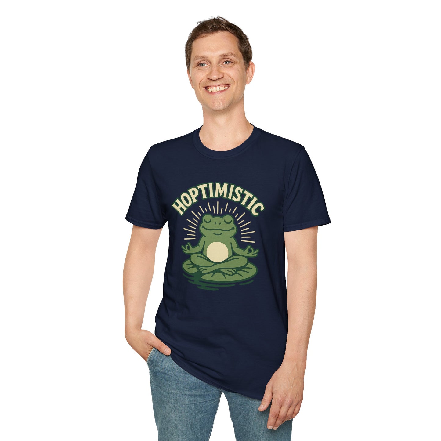 HOPTIMISTIC Relaxed Zen Frog T-Shirt • Cute Animal Graphic Tee • Mindful Yoga Frog Humor • Unisex Gift • Nature Lover Shirt