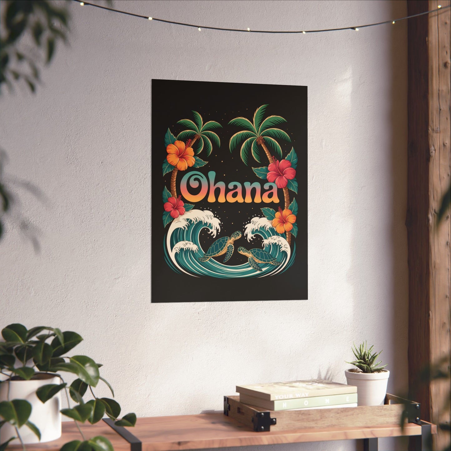 Ohana Hawaiian Wall Art - Tropical Beach Poster with Sea Turtles, Palm Trees & Hibiscus - Island Family Decor for Home or Office