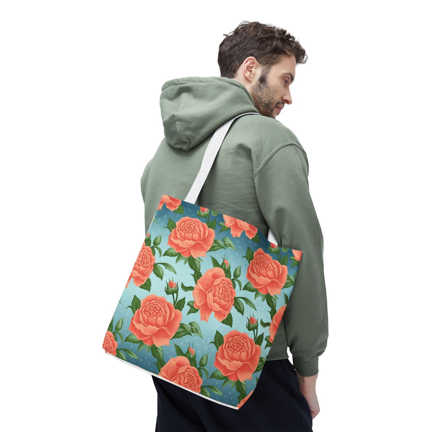 Vintage Floral Tote Bag – Coral Rose Pattern on Blue Background – Aesthetic Everyday Carry Bag – Reusable Fabric Market Tote Gift